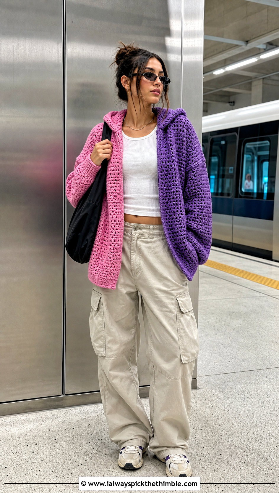 Hooded Split Color Crochet Cardigan With Cargo Pants - 15 Split Color Crochet Cardigan outfit ideas