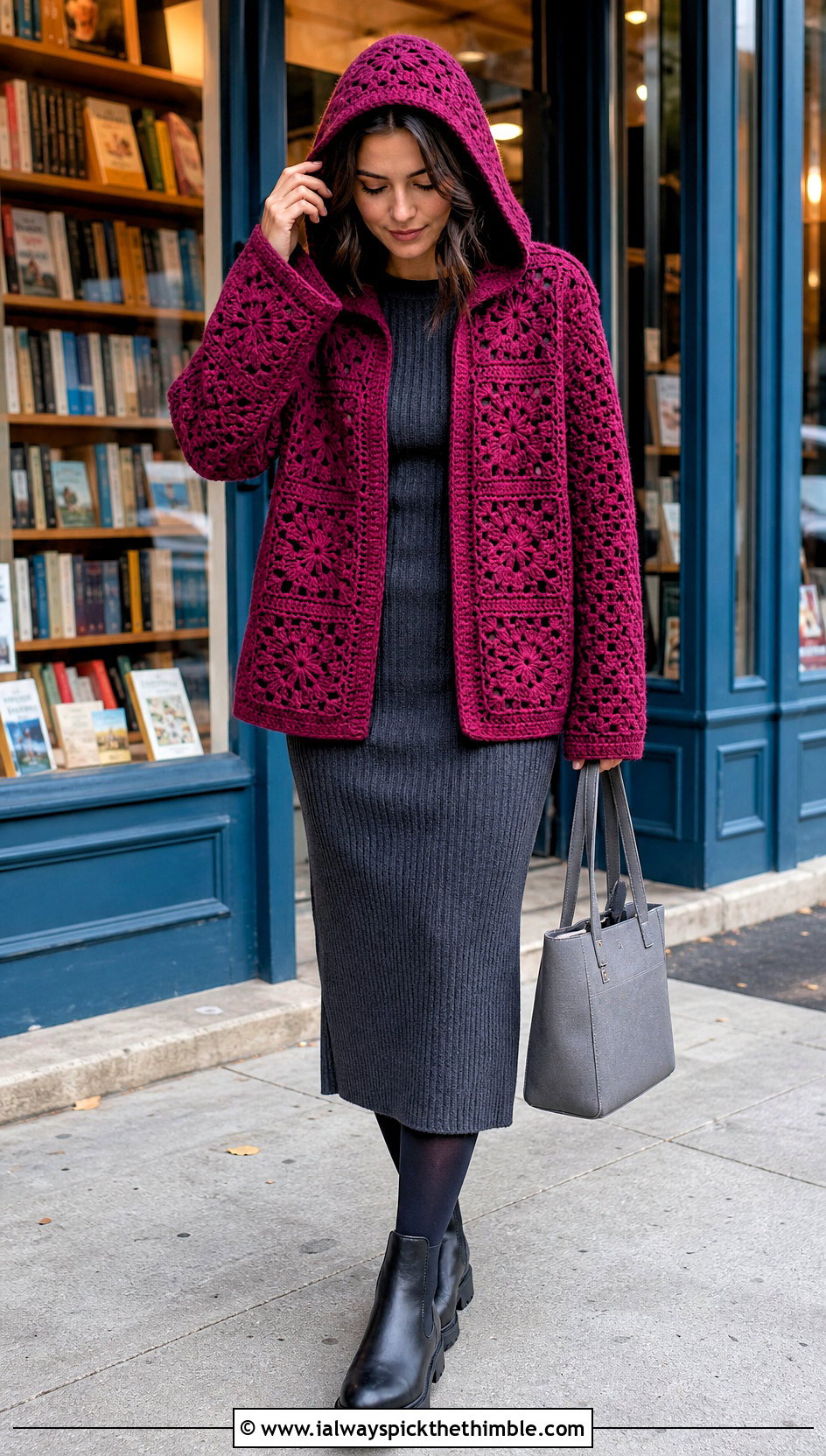 Hooded Square Cardigan With Knit Midi Dress - 20 crochet square cardigan outfit ideas