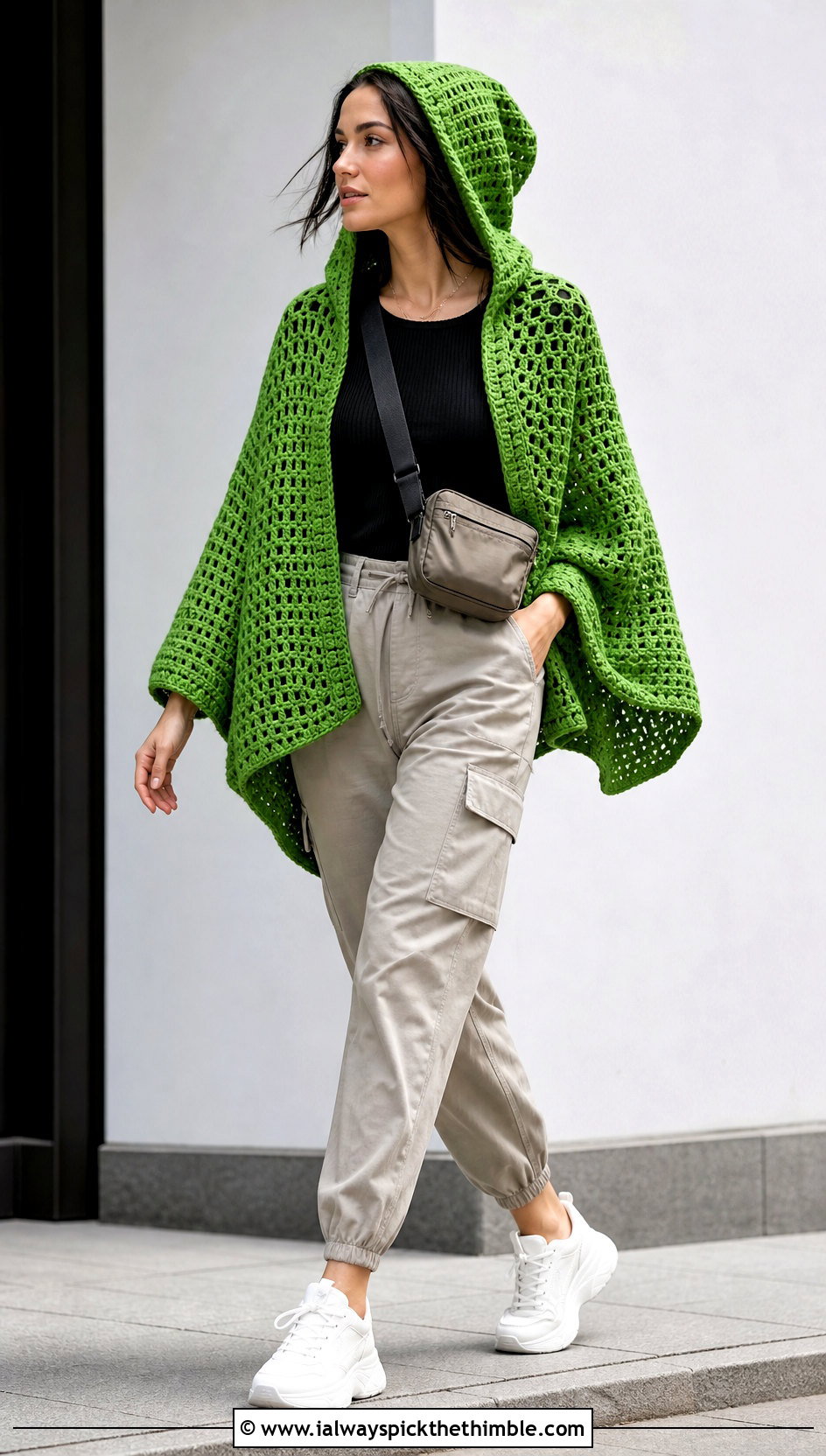 Hooded Square Poncho With Cargo Pants And Sneakers - 20 crochet square poncho outfit ideas