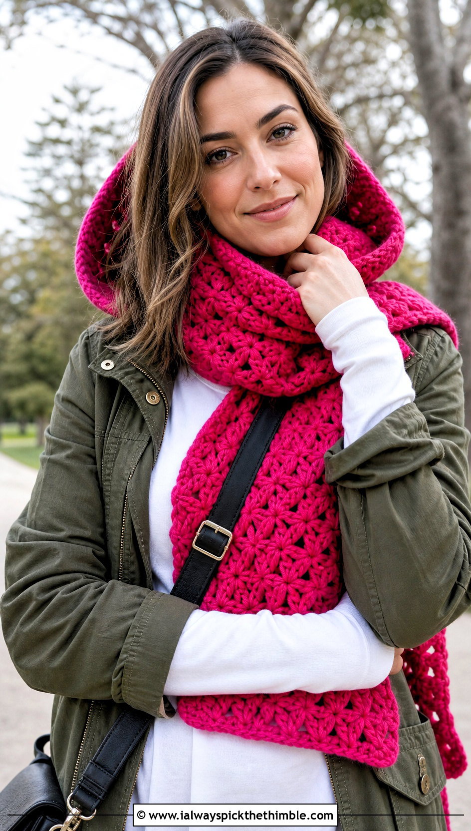 Hooded Star Stitch Scarf With Utility Jacket - 20 Crochet Star Stitch Scarf outfit ideas