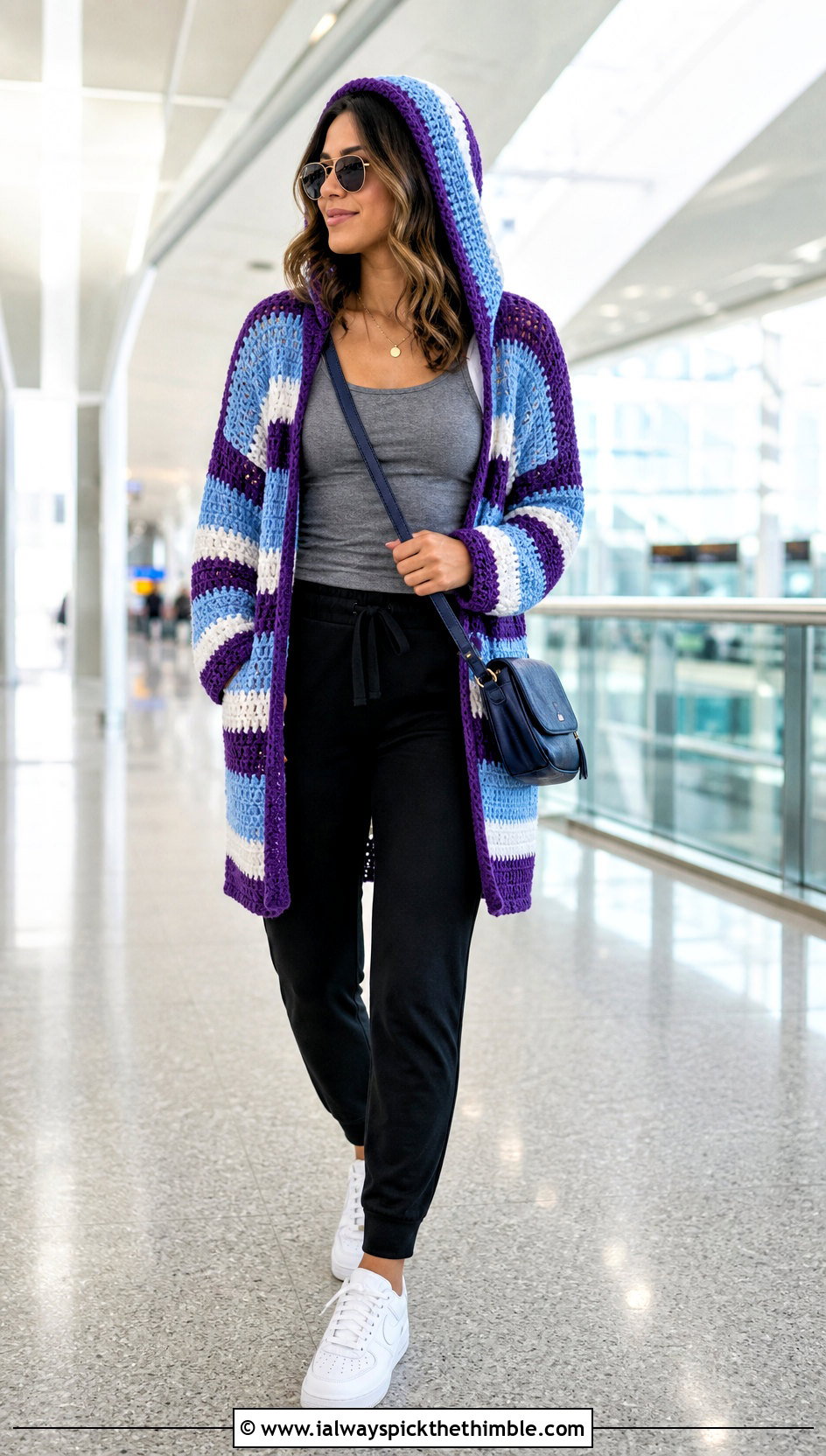 Hooded Stripe Crochet Cardigan With Joggers - 25 crochet striped cardigan outfit ideas