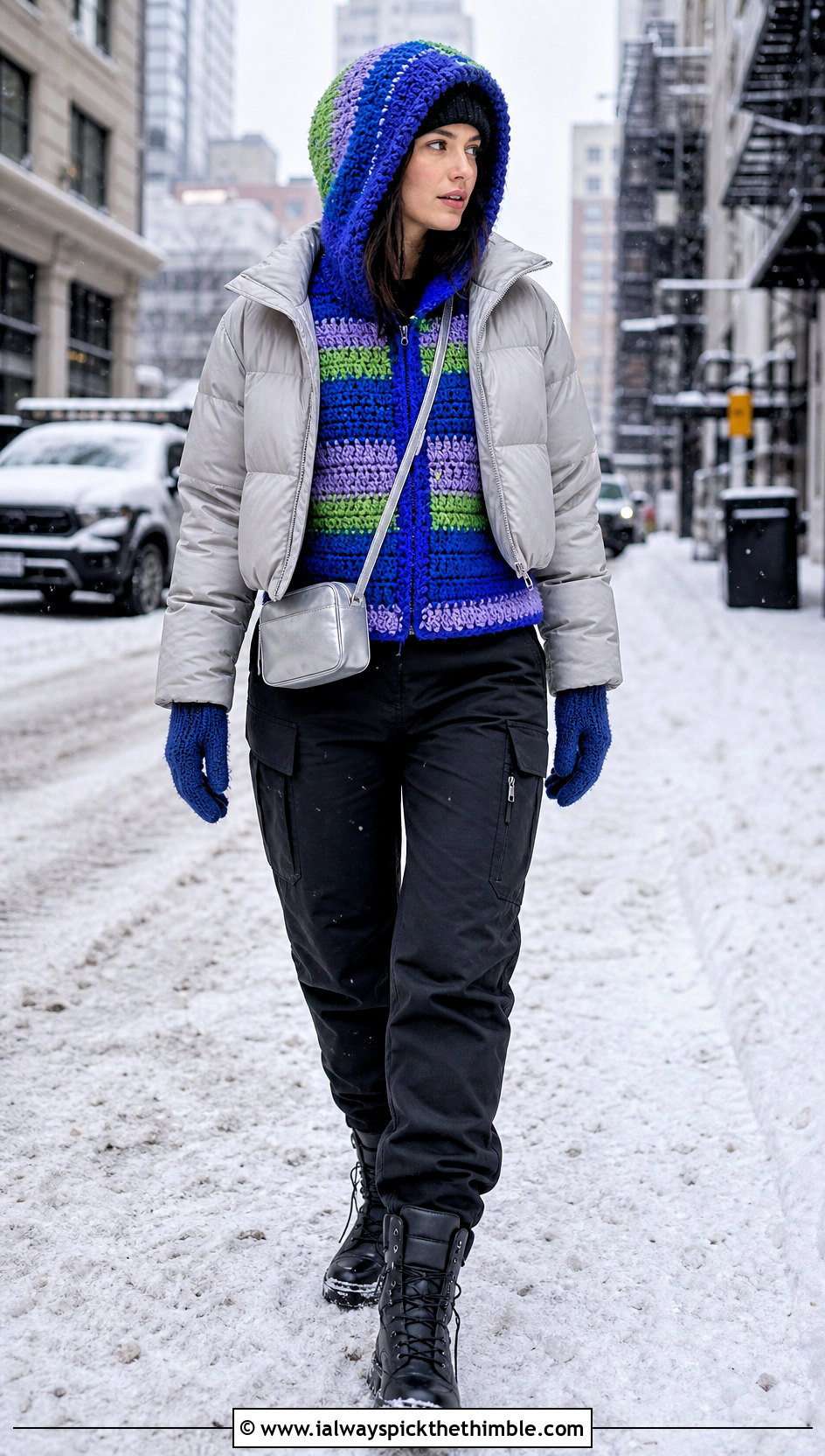 Hooded Stripe Crochet Vest With Puffer Jacket - 20 crochet vest stripes outfit ideas