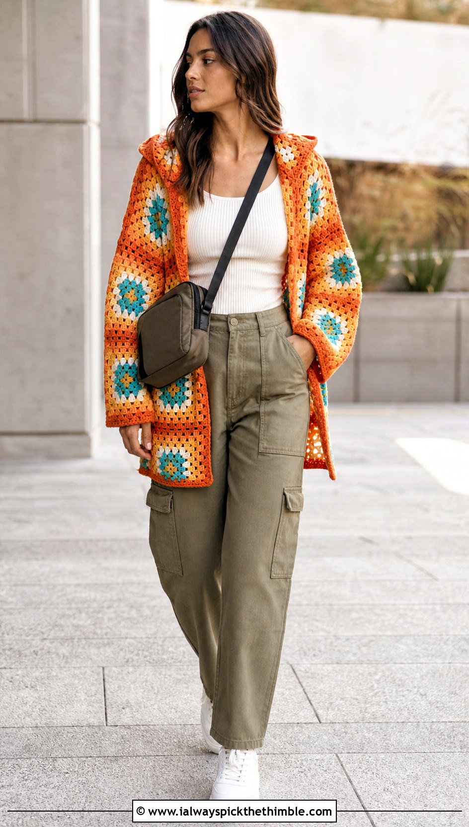Hooded Sunburst Granny Square Cardigan With Cargo Pants - 25 sunburst granny square cardigan outfit ideas