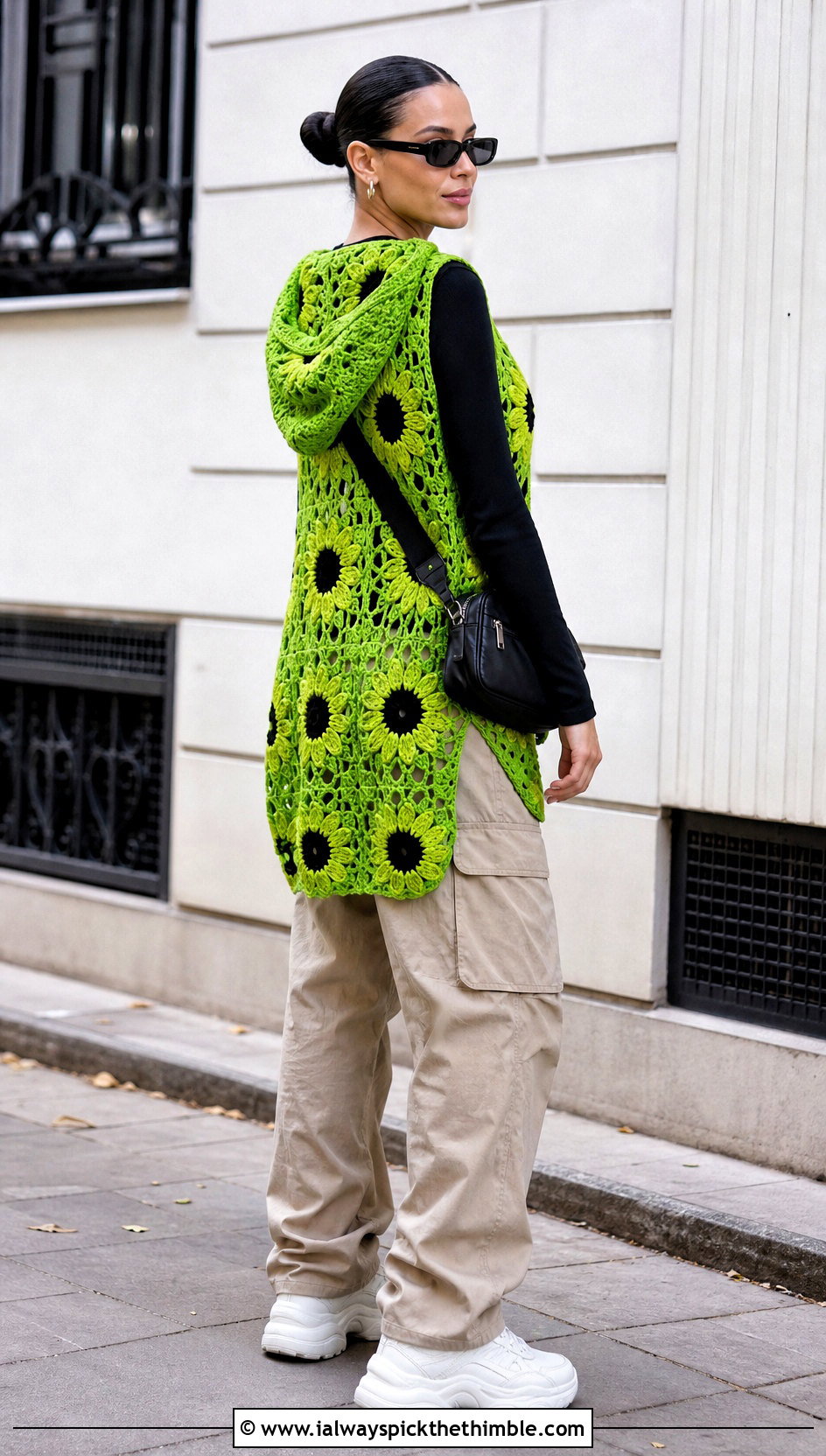 Hooded Sunflower Crochet Shawl With Cargo Pants - 20 Sunflower Crochet Shawl outfit ideas
