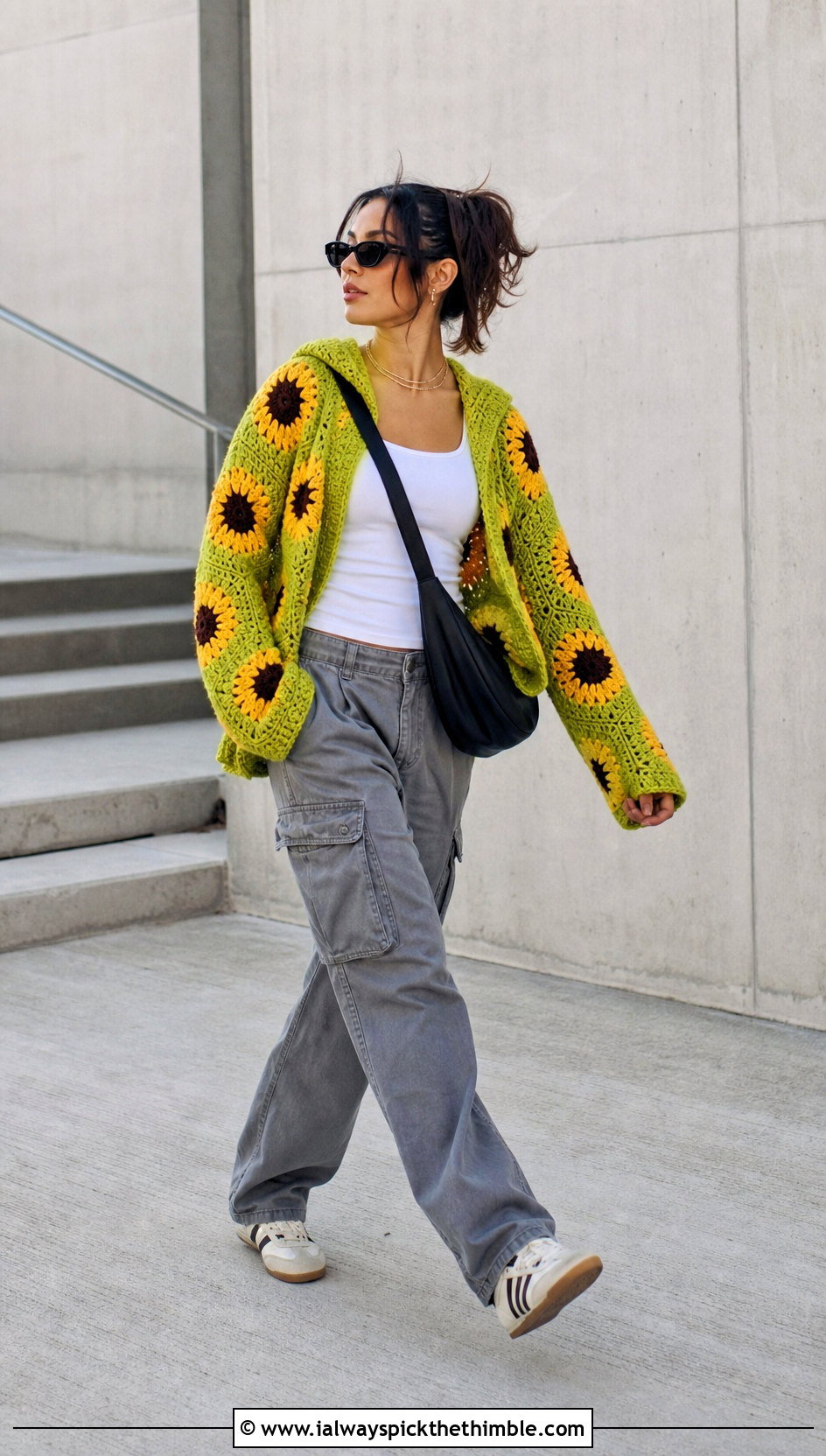 Hooded Sunflower Sweater With Cargo Pants - 25 crochet sunflower sweater outfit ideas