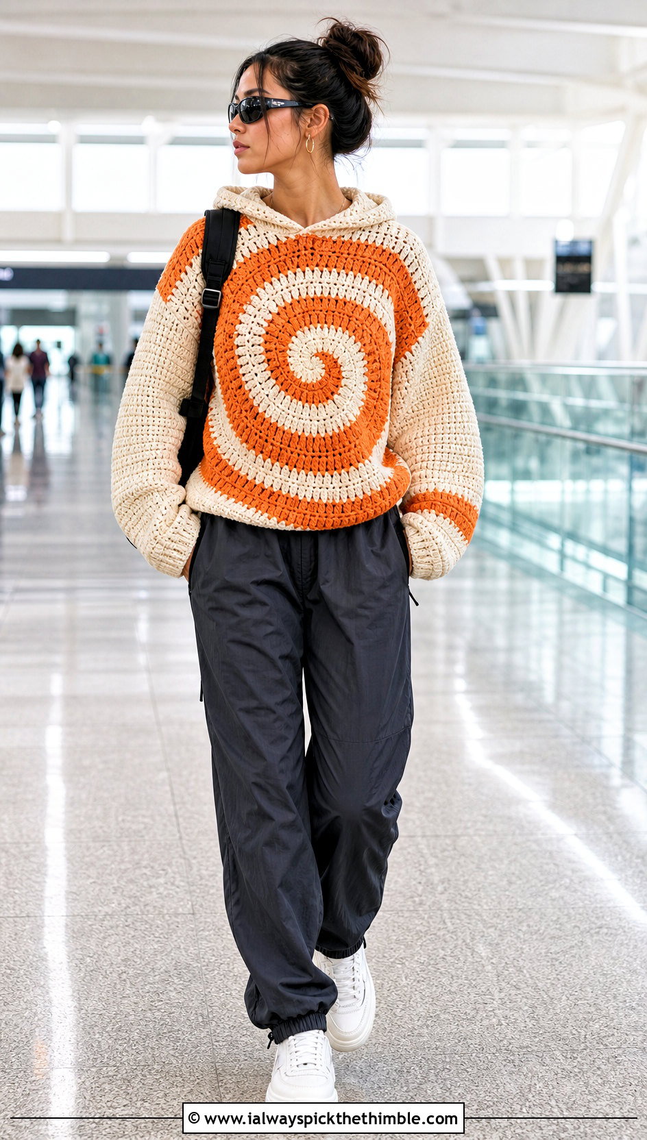 Hooded Swirl Crochet Sweater With Parachute Pants - 20 swirl crochet sweater outfit ideas