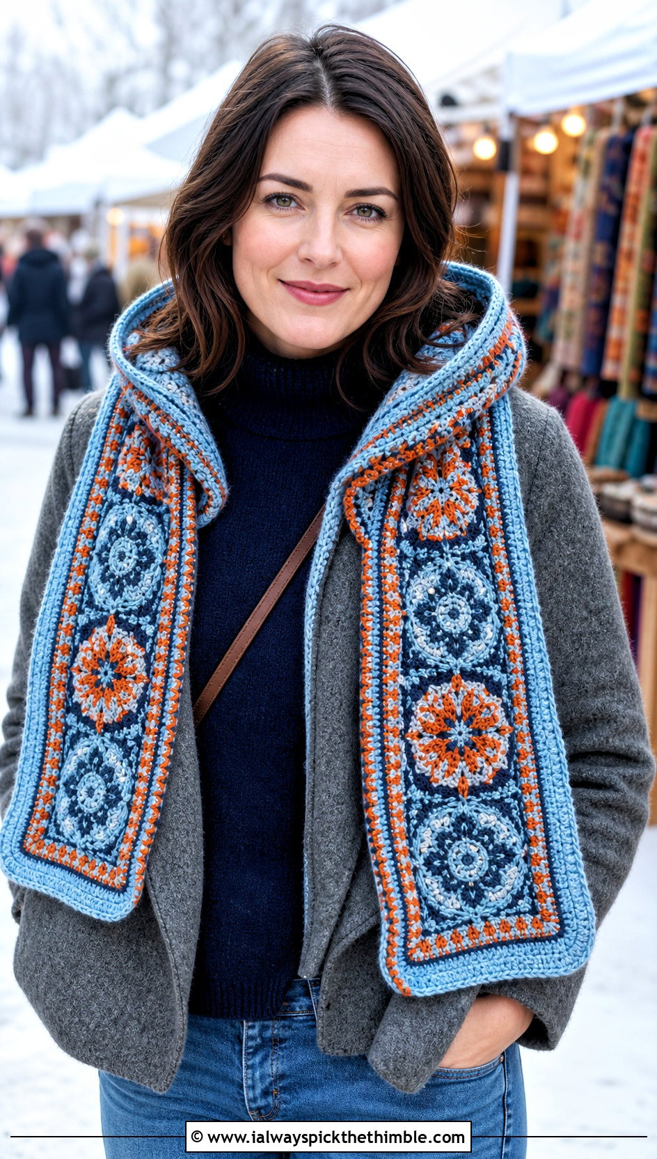 Hooded Tapestry Crochet Scarf With Sweater And Jeans - 25 tapestry crochet scarf outfit ideas