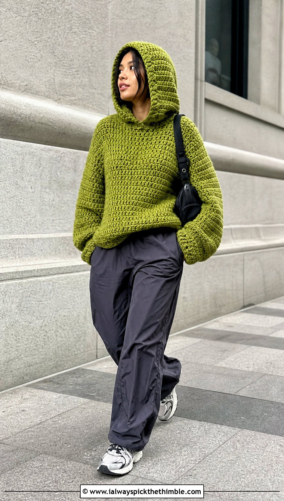 Hooded Thick Yarn Crochet Sweater With Parachute Pants - 20 thick yarn crochet sweater outfit ideas