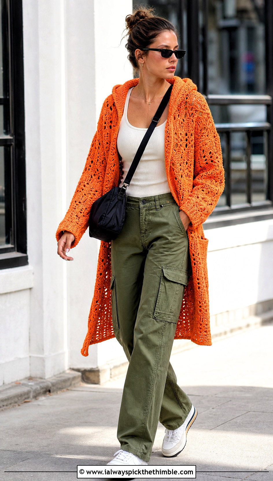 Hooded Top Down Crochet Cardigan With Cargo Pants - 20 top down crochet cardigan outfit ideas