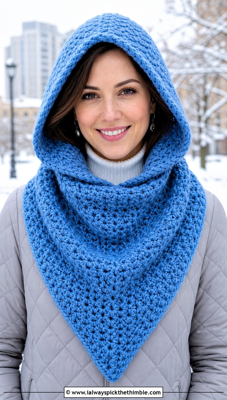 Hooded Triangle Crochet Cowl With Quilted Coat - 20 Hooded Triangle Crochet Scarf outfit ideas