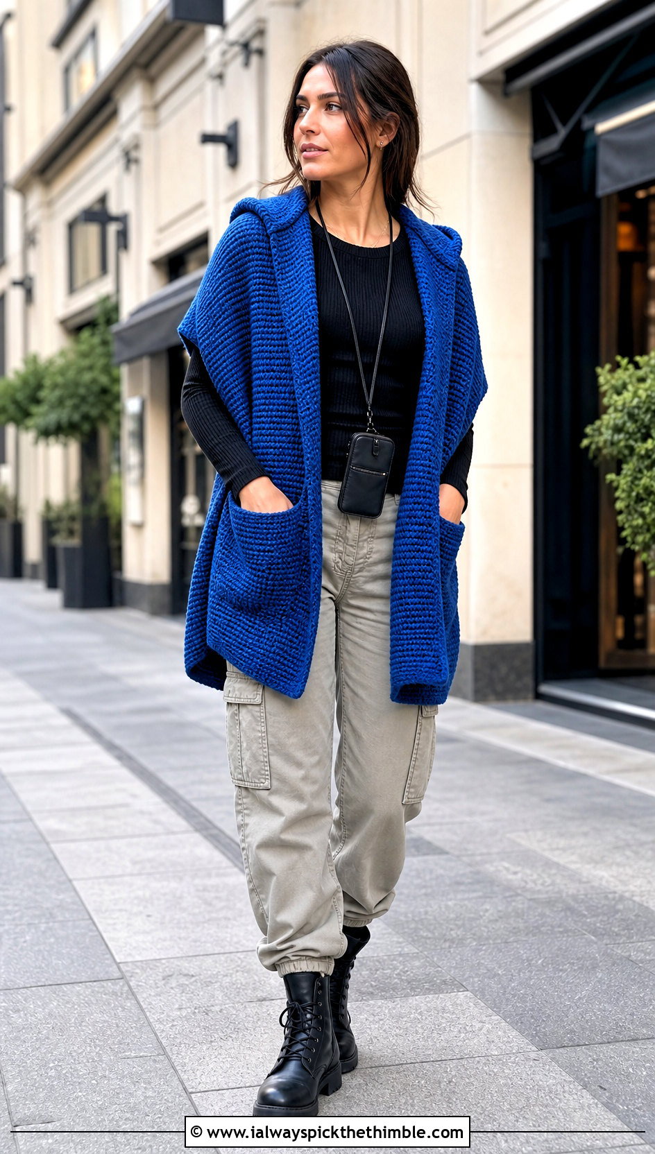 Hooded Tunisian Crochet Pocket Shawl With Cargo Pants - 15 Tunisian Crochet Pocket Shawl outfit ideas