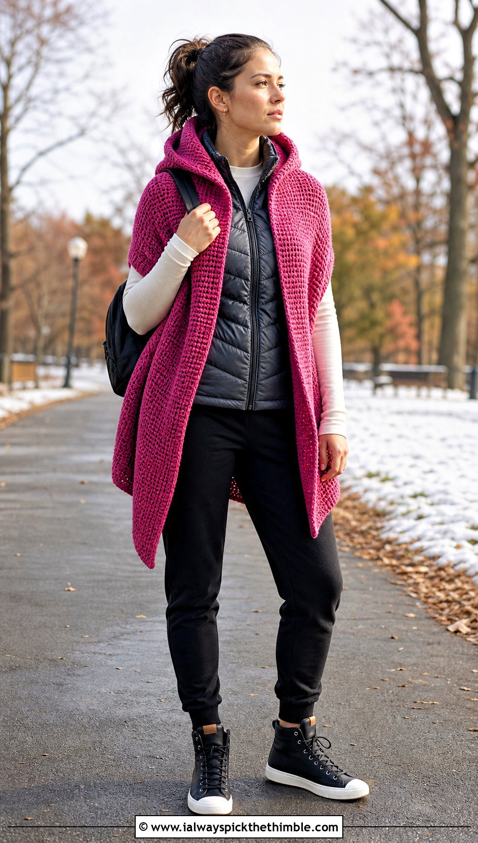 Hooded Tunisian Crochet Wrap With Joggers - 20 Tunisian Crochet Wrap outfit ideas