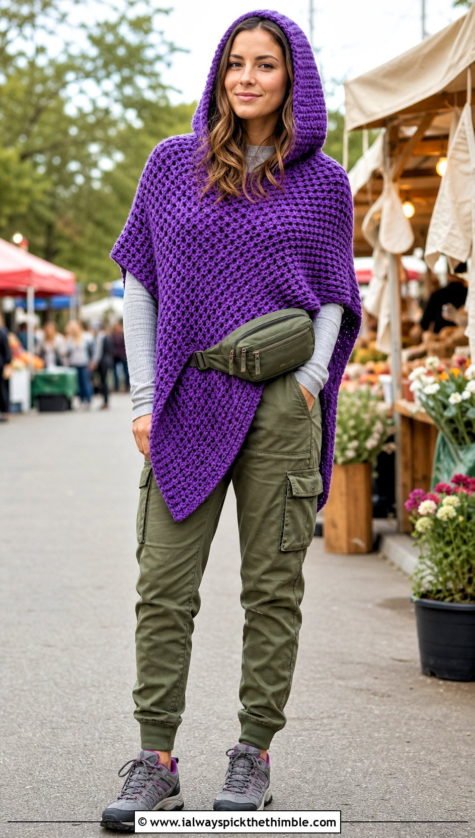 Hooded Tunisian Waffle Stitch Poncho With Cargo Pants - 20 tunisian crochet poncho outfit ideas