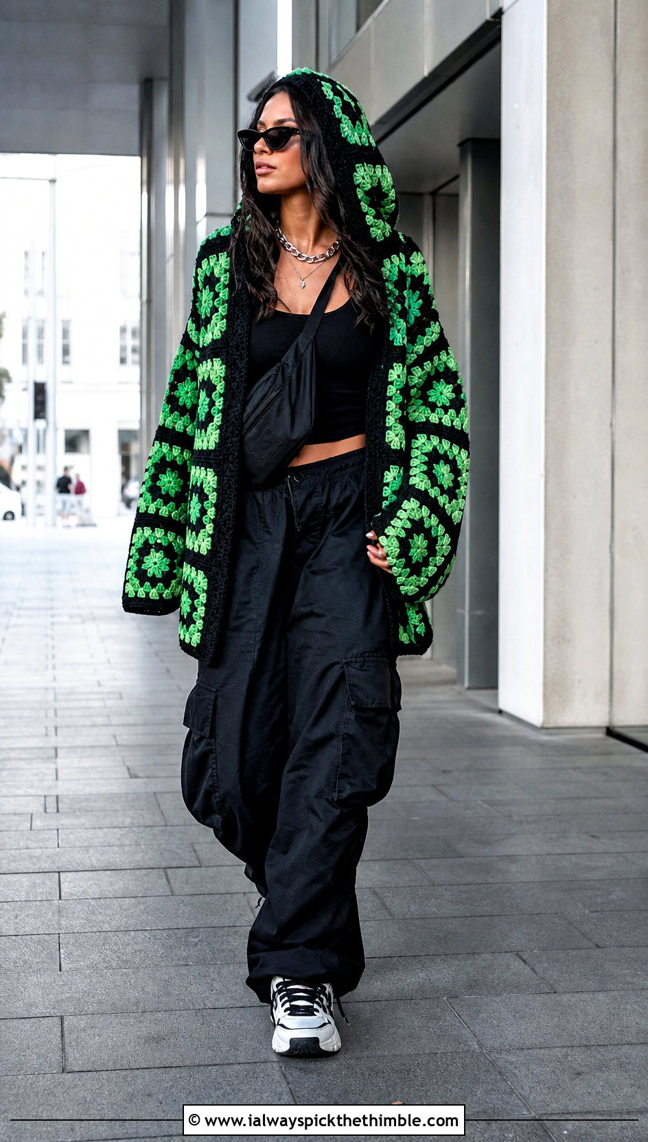 Hooded Two Color Granny Square Cardigan With Cargo Pants - 20 Two Granny Square Cardigan outfit ideas