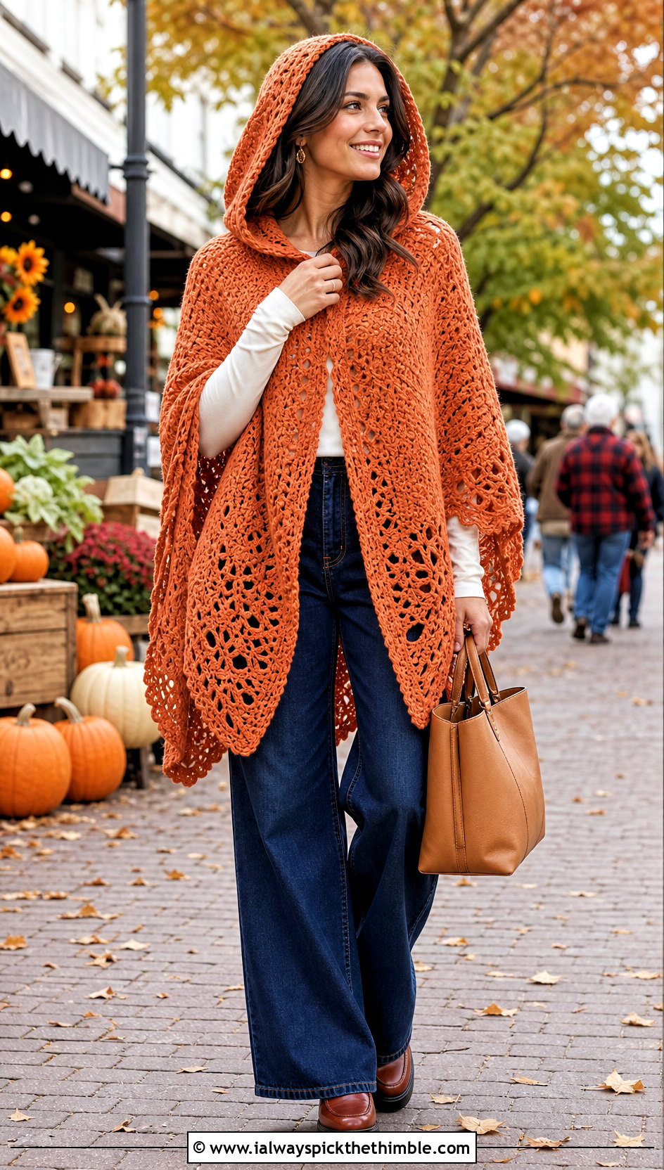 Hooded Uptown Crochet Poncho With Wide Leg Jeans - 15 Uptown Crochet Poncho outfit ideas