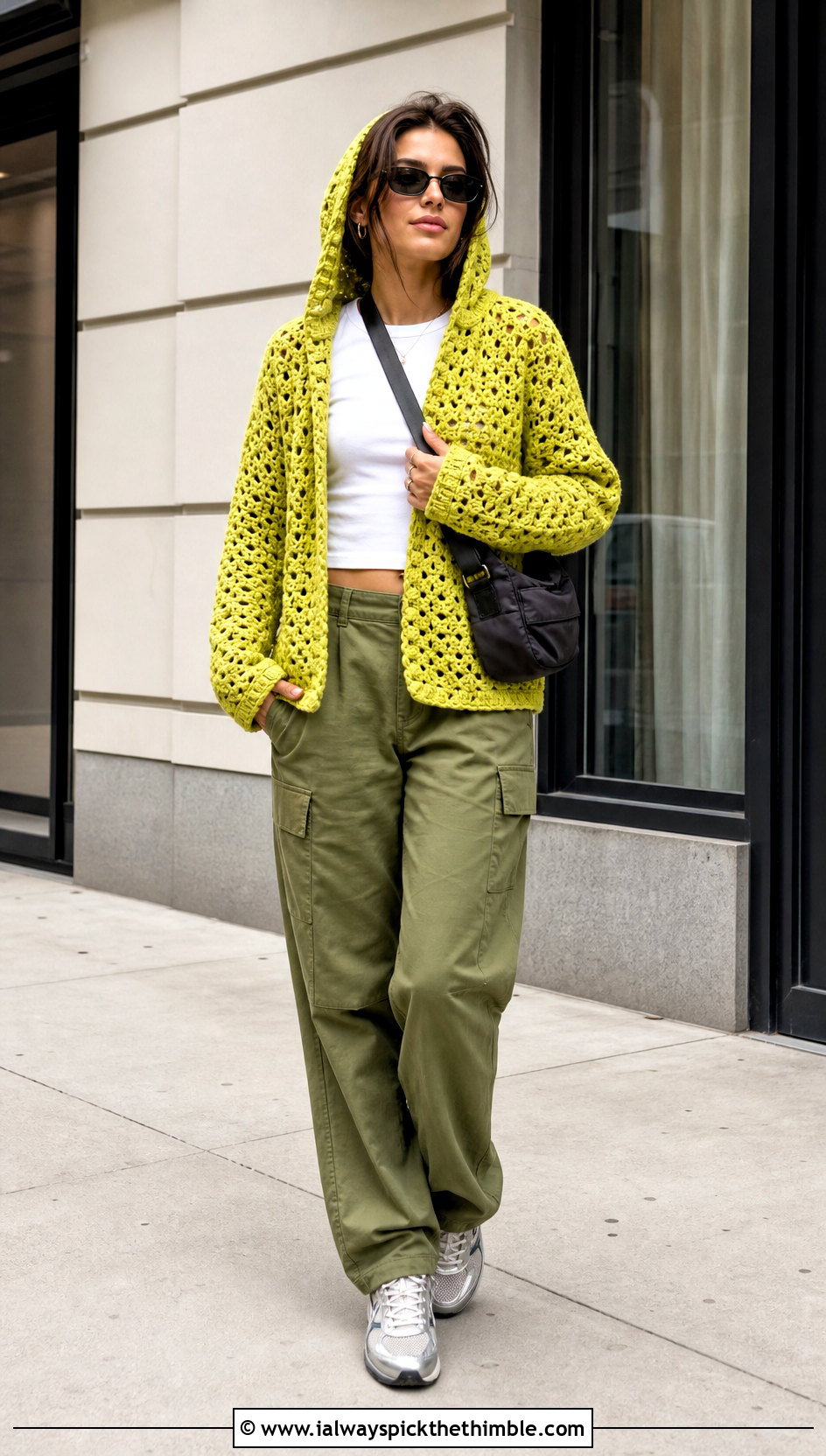 Hooded V Stitch Cardigan With Cargo Pants - 20 Crochet V Stitch Cardigan outfit ideas