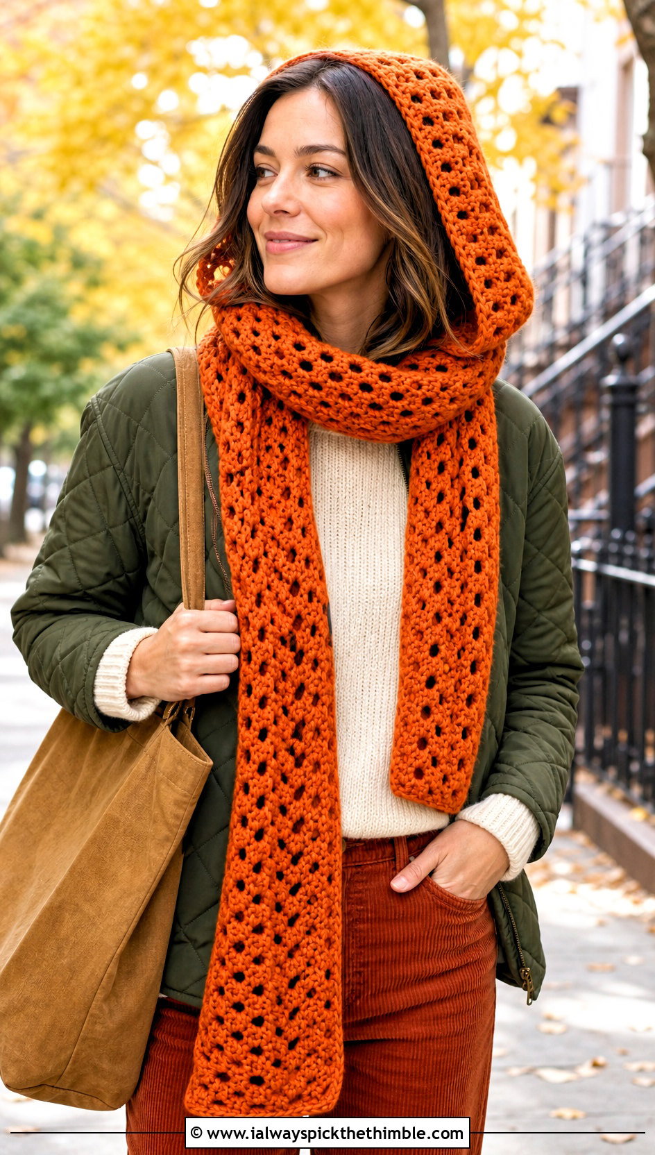Hooded V Stitch Crochet Scarf With Quilted Jacket - 20 v stitch crochet scarf outfit ideas