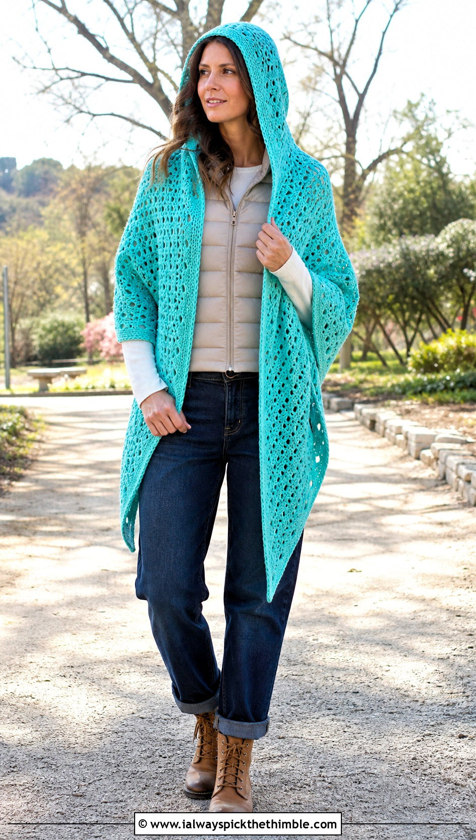 Hooded V Stitch Crochet Shawl With Puffer Vest And Jeans - 20 V Stitch Crochet Shawl outfit ideas