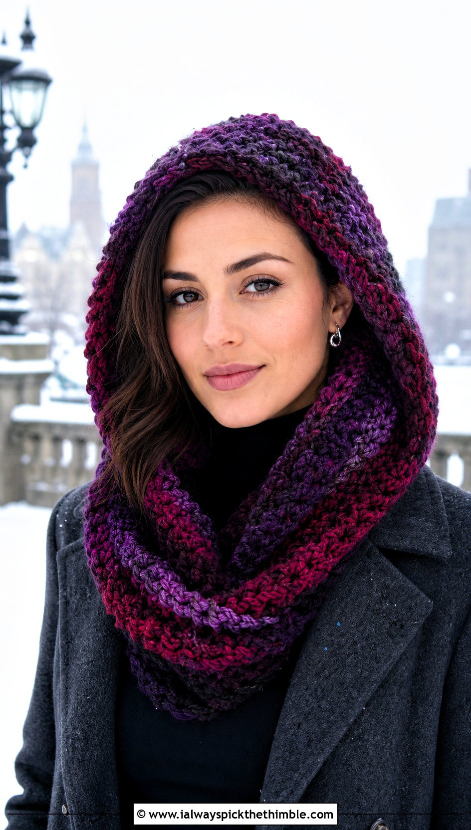 Hooded Variegated Crochet Scarf With Long Wool Coat - 20 Variegated Yarn Crochet Scarf outfit ideas