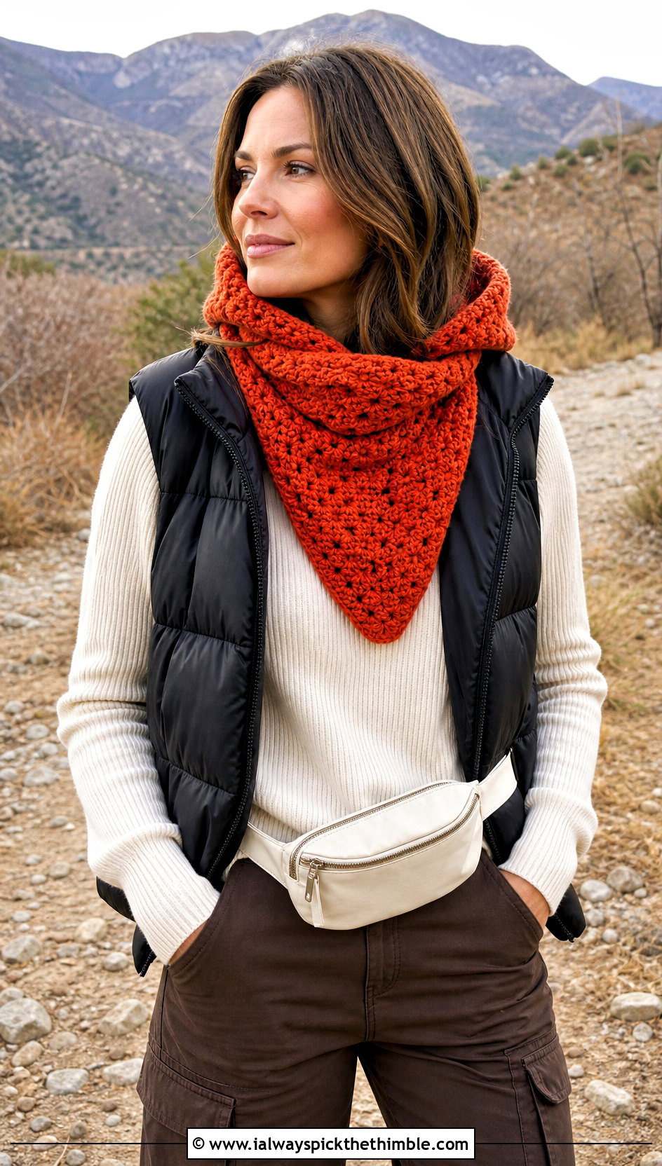 Hooded Velvet Crochet Scarf With Puffer Vest - 20 Velvet Crochet Scarf outfit ideas