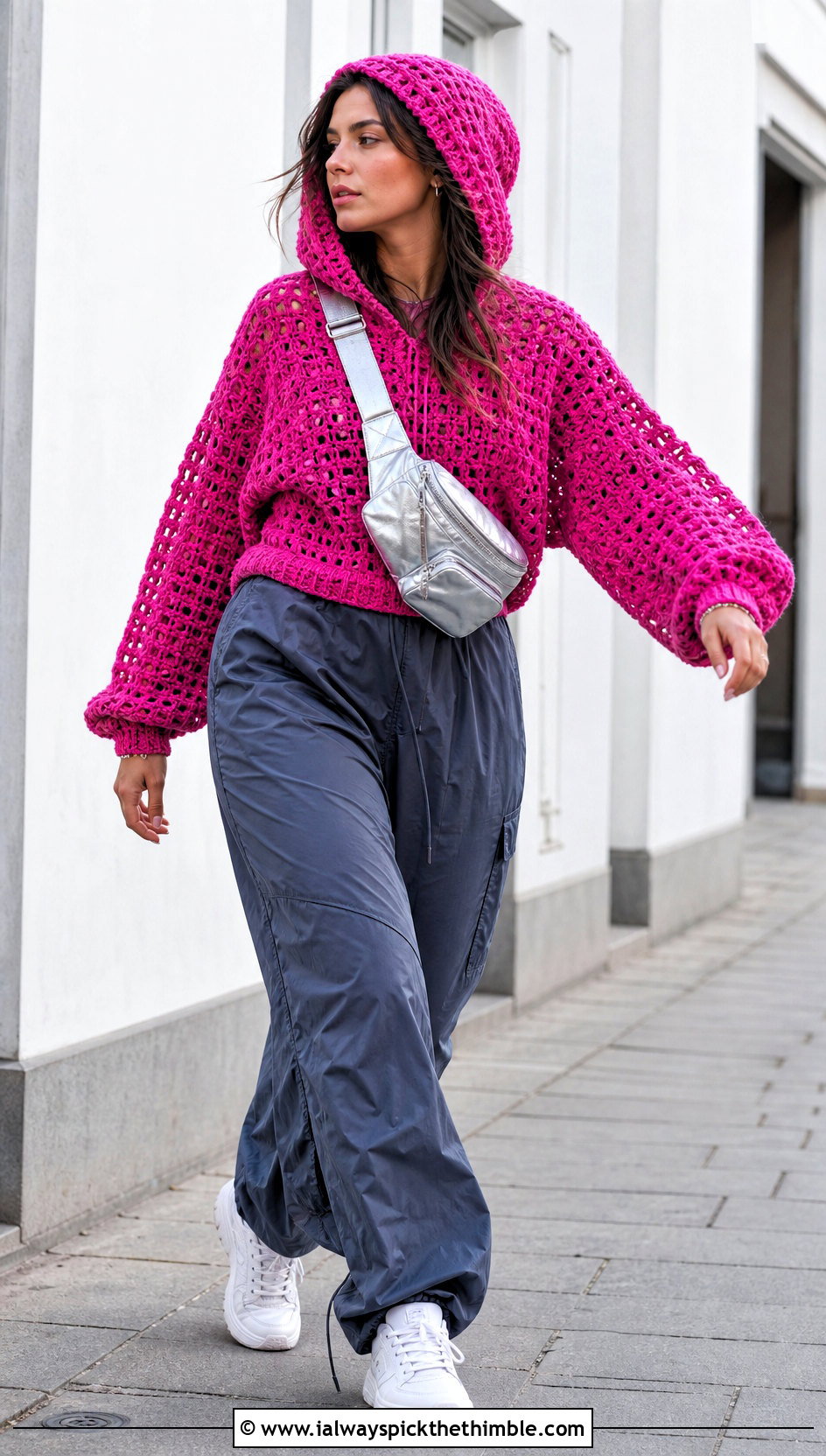Hooded Velvet Crochet Sweater With Parachute Pants - 20 velvet crochet sweater outfit ideas
