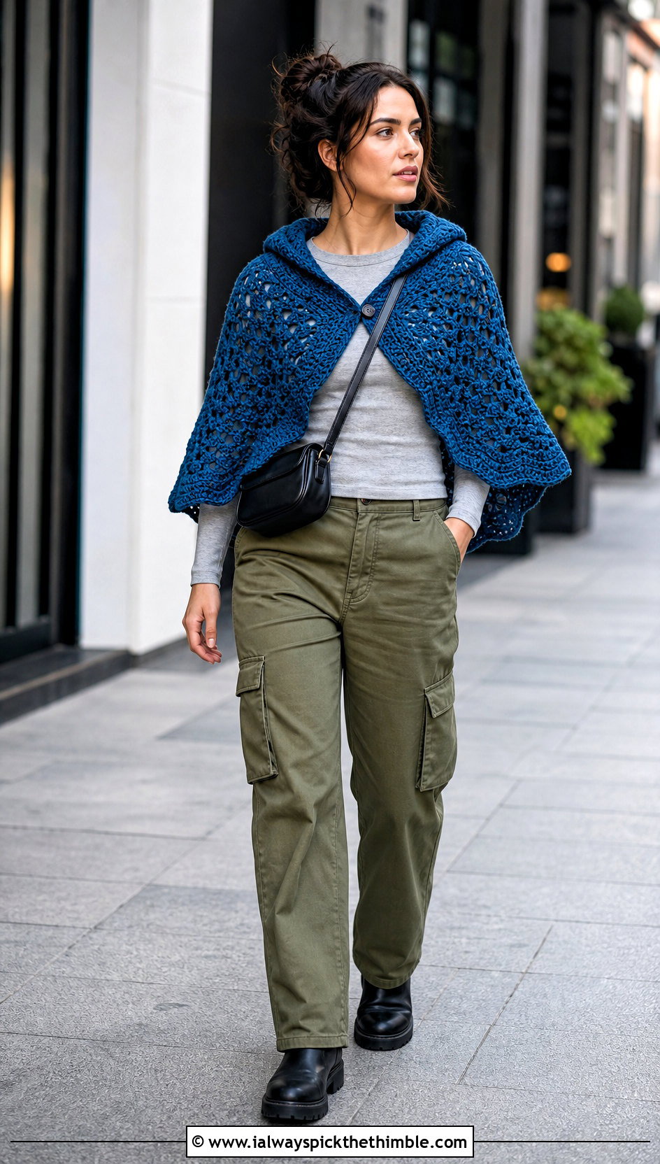 Hooded Virus Shawl With Cargo Pants - 25 crochet virus shawl outfit ideas
