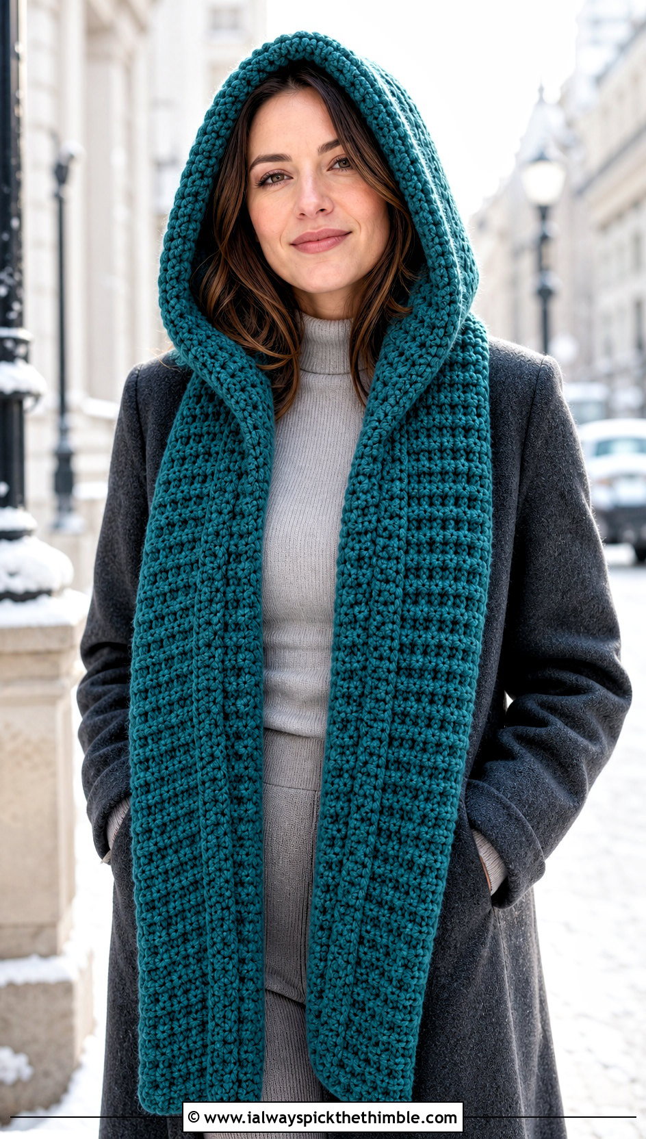 Hooded Waffle Crochet Scarf With Wool Coat And Knit Pants - 20 Waffle Crochet Scarf outfit ideas