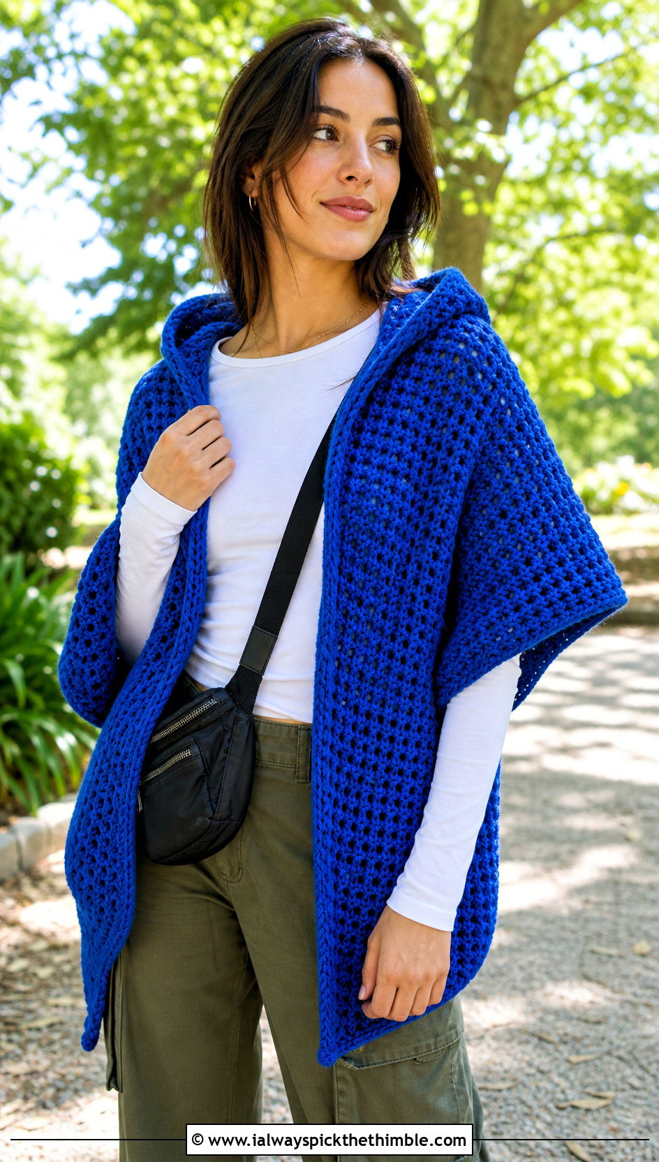 Hooded Waffle Crochet Shawl With Cargo Pants - 15 Waffle Crochet Shawl outfit ideas