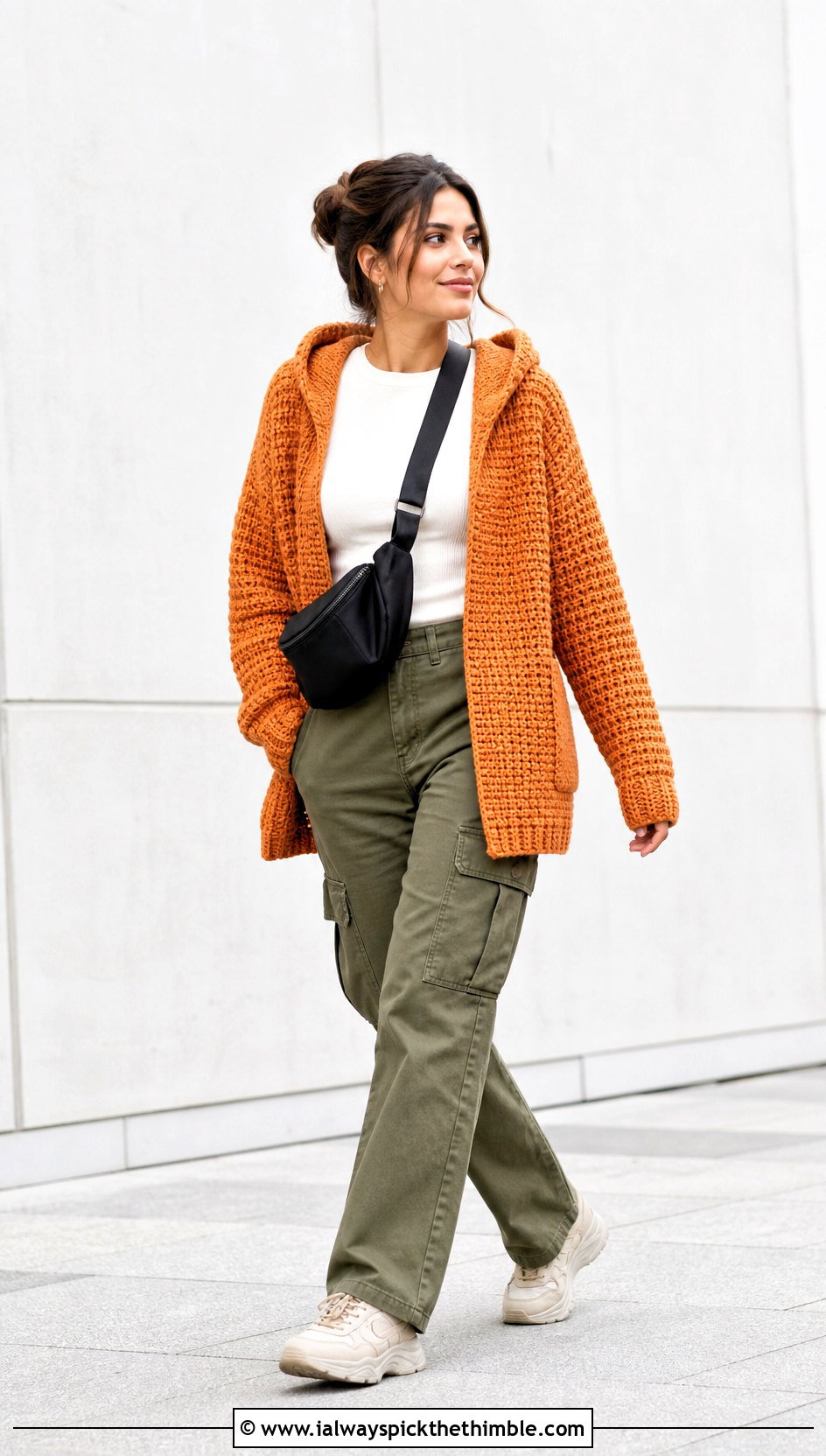 Hooded Waffle Stitch Crochet Cardigan With Cargo Pants - 20 crochet waffle stitch cardigan outfit ideas