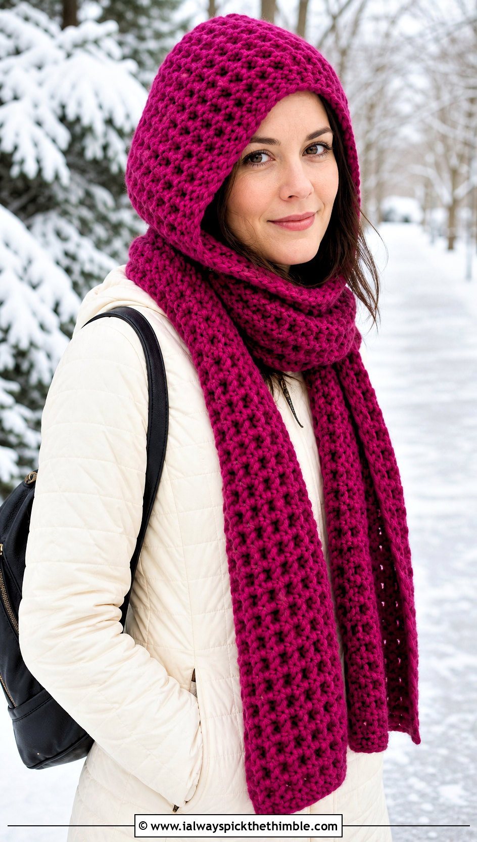Hooded Waffle Stitch Crochet Scarf With Quilted Coat - 20 waffle stitch crochet scarf outfit ideas