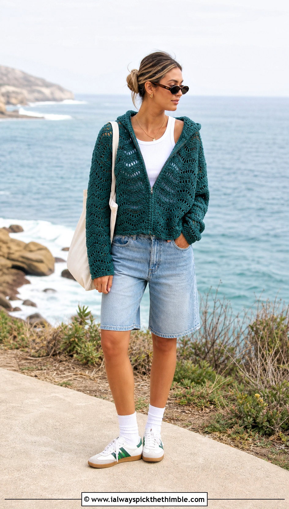 Hooded Wave Crochet Sweater With Denim Shorts - 25 wavy crochet sweater outfit ideas
