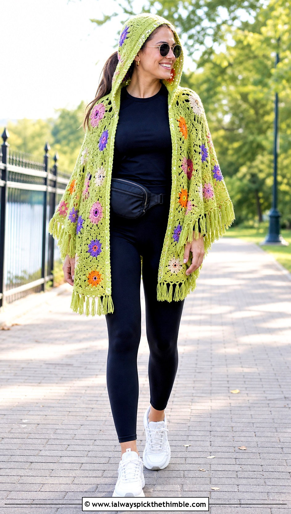 Hooded Wildflower Crochet Poncho With Black Leggings - 20 Crochet Flower Poncho outfit ideas