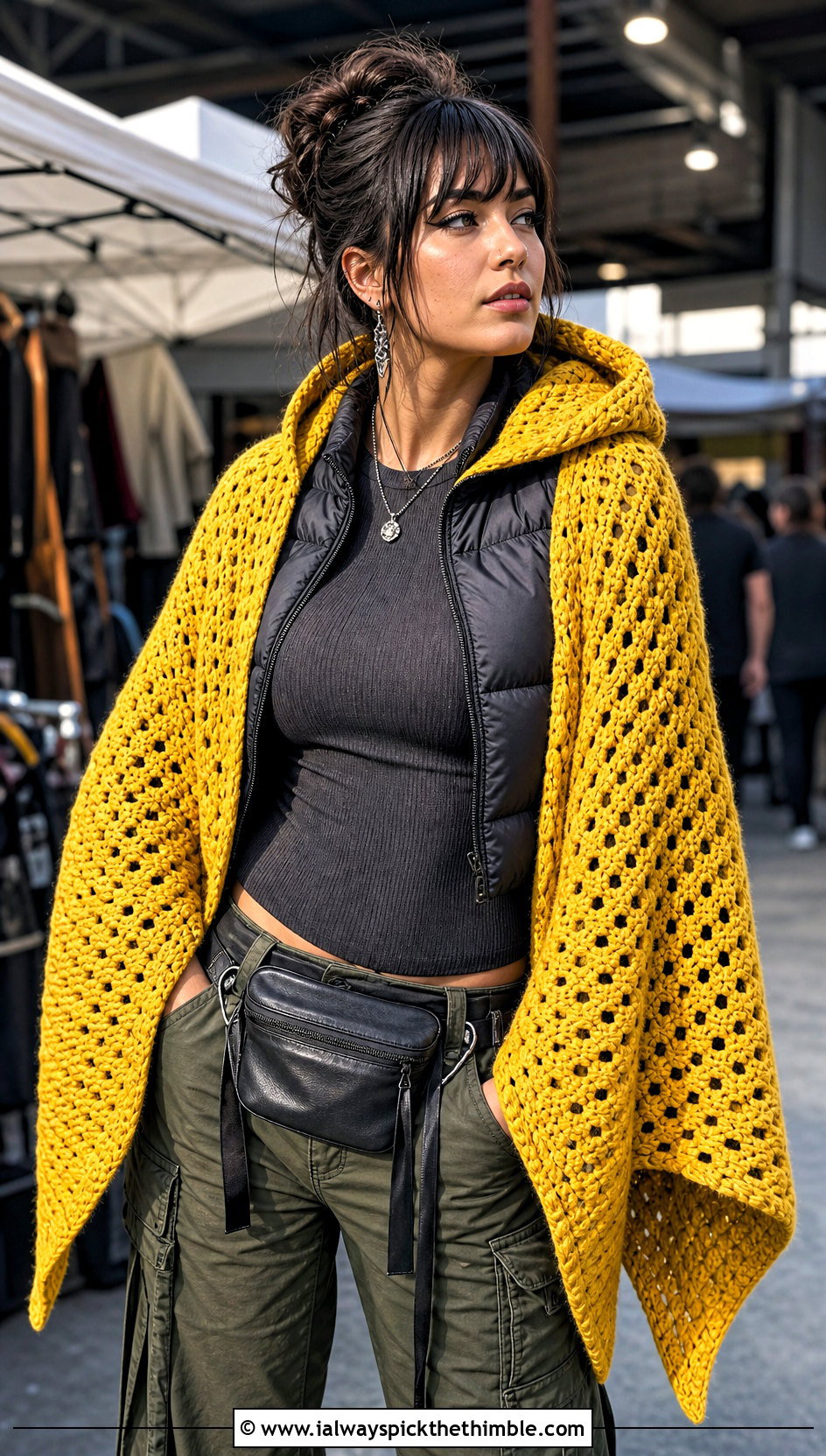 Hooded Witch Crochet Shawl With Cargo Pants - 15 Witch Crochet Shawl outfit ideas