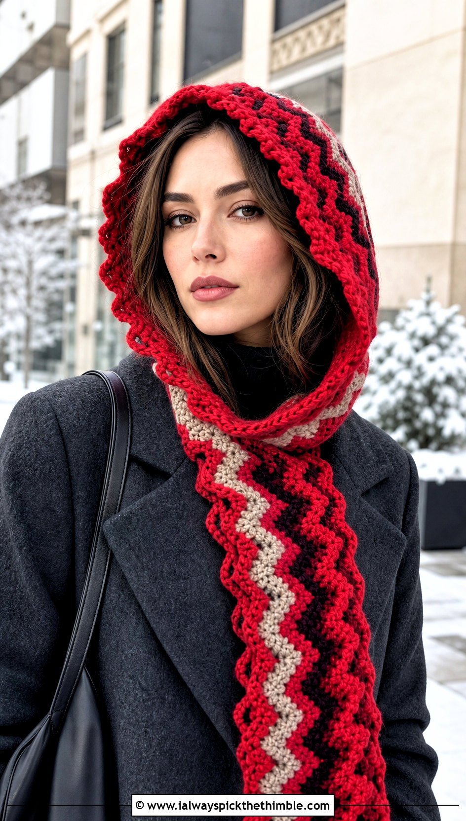 Hooded Zig Zag Crochet Scarf With Wool Coat - 20 Zig Zag Crochet Scarf outfit ideas