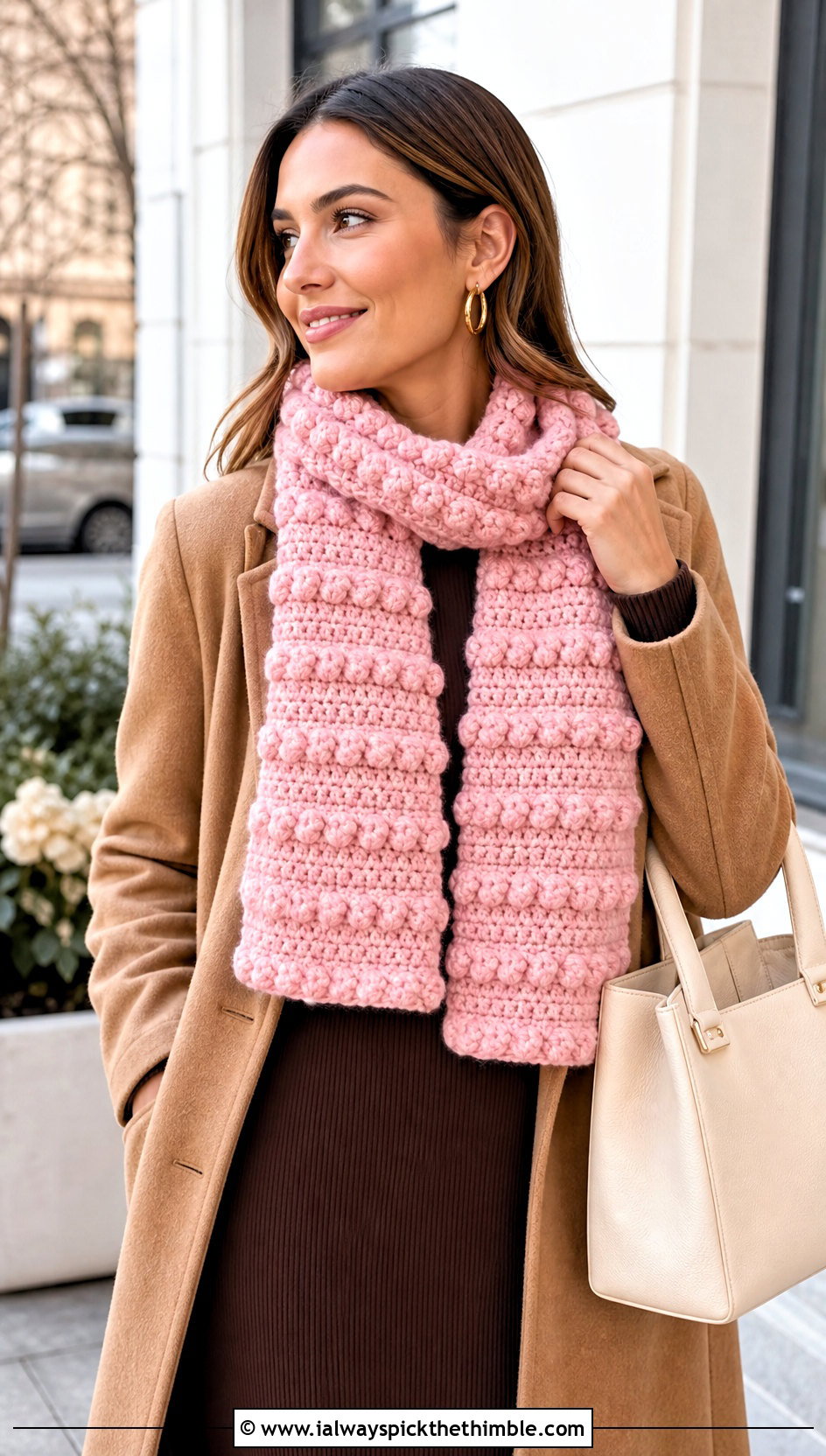 Horizontal Bobble Crochet Scarf With Sweater Dress Outfit - 15 horizontal crochet scarf outfit ideas