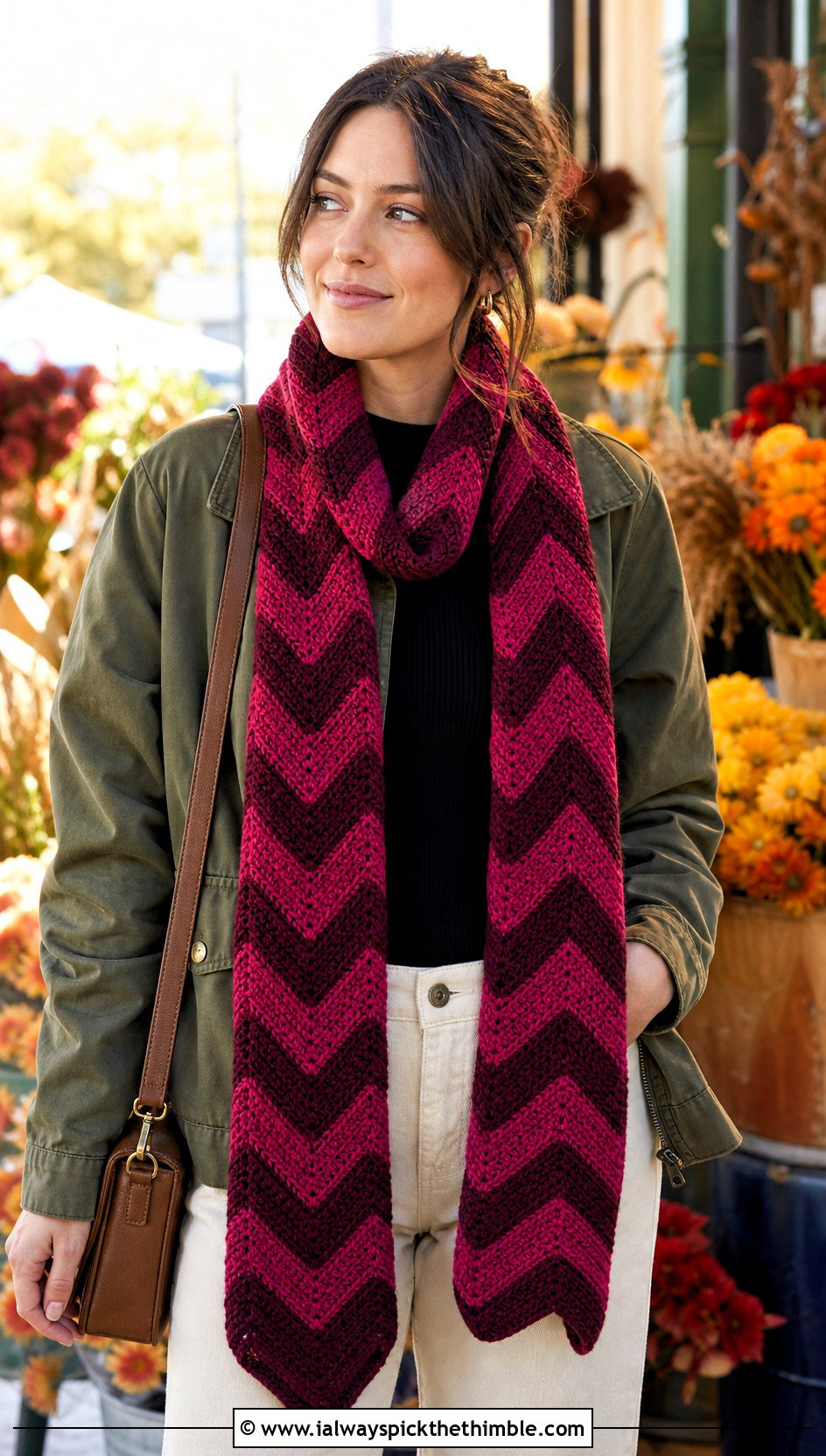 Horizontal Chevron Crochet Scarf With Utility Jacket Outfit - 15 horizontal crochet scarf outfit ideas