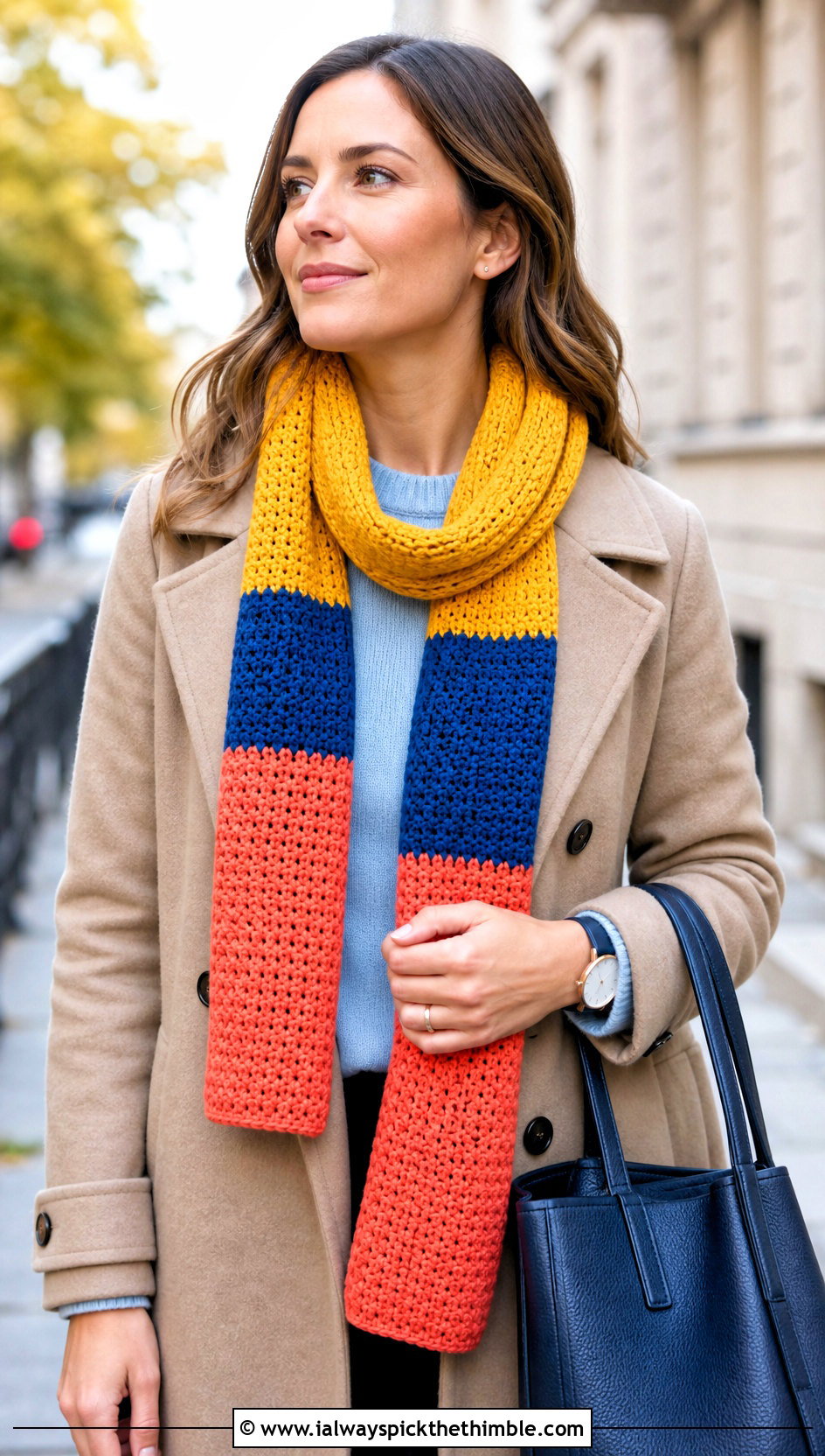 Horizontal Color Block Crochet Scarf With Trench Coat Outfit - 15 horizontal crochet scarf outfit ideas