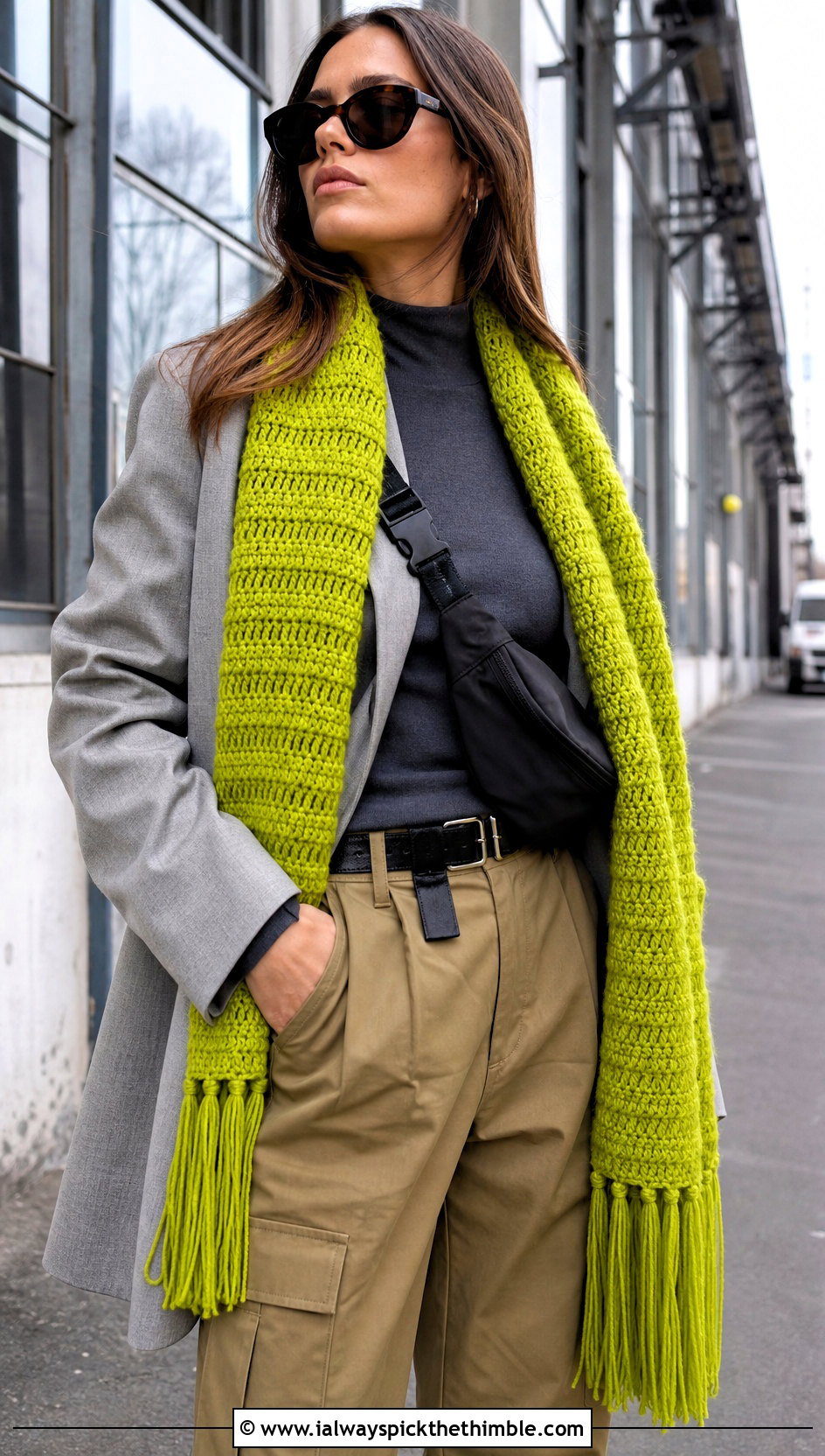 Horizontal Fringe Crochet Scarf With Cargo Pants Outfit - 15 horizontal crochet scarf outfit ideas