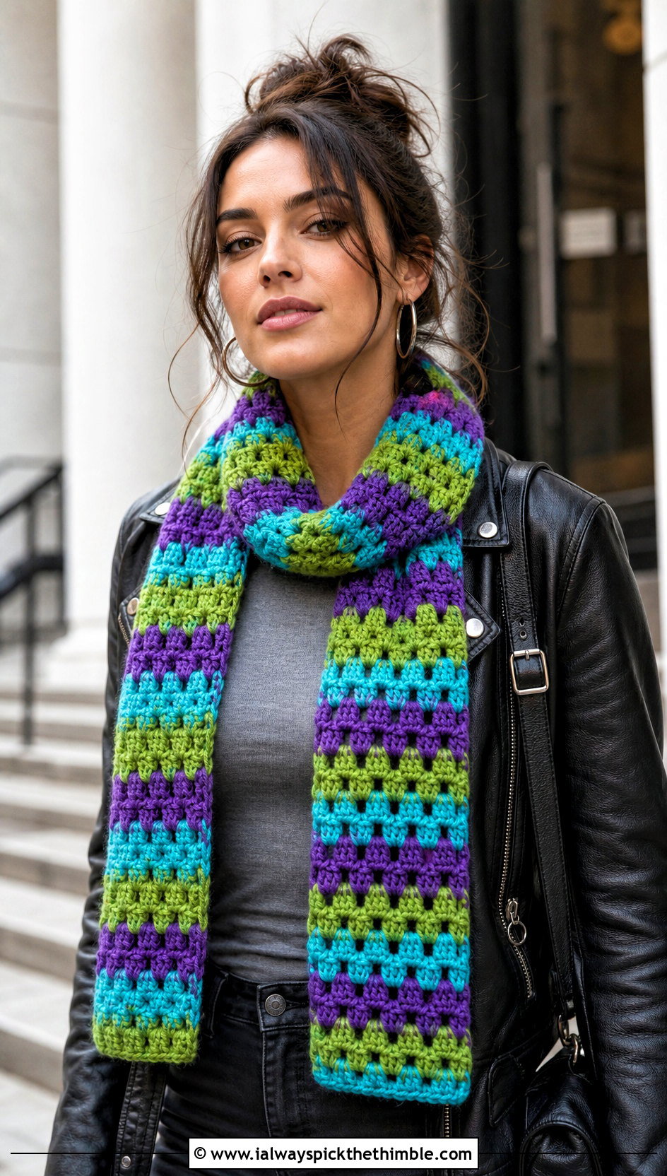 Horizontal Granny Stripe Crochet Scarf With Leather Jacket Outfit - 15 horizontal crochet scarf outfit ideas