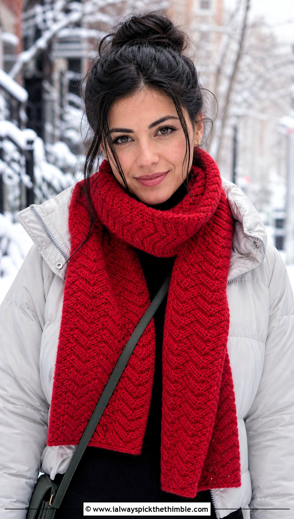 Horizontal Herringbone Crochet Scarf With Puffer Jacket Outfit - 15 horizontal crochet scarf outfit ideas
