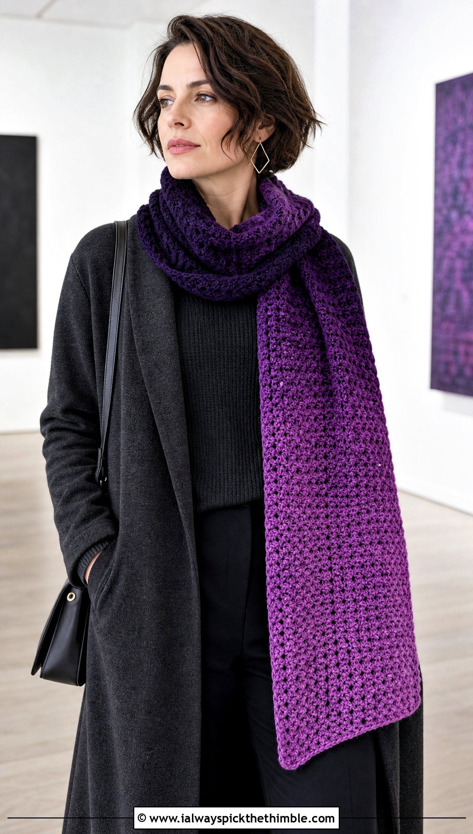 Horizontal Ombre Crochet Scarf With Monochrome Outfit - 15 horizontal crochet scarf outfit ideas