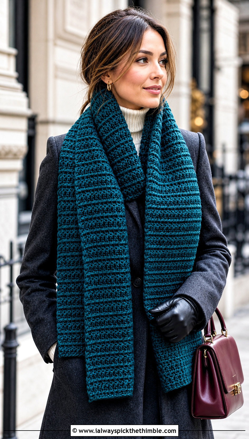 Horizontal Ribbed Crochet Scarf With Wool Coat Outfit - 15 horizontal crochet scarf outfit ideas