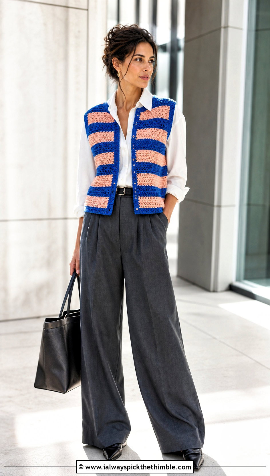 Horizontal Stripe Crochet Vest With Tailored Trousers - 20 crochet vest stripes outfit ideas