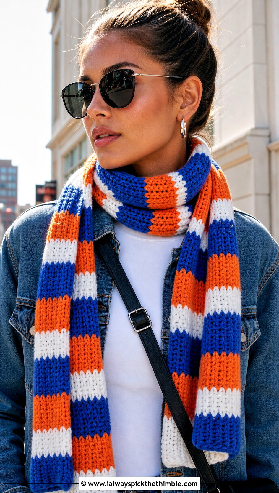 Horizontal Striped Crochet Scarf With Denim Jacket Outfit - 15 horizontal crochet scarf outfit ideas