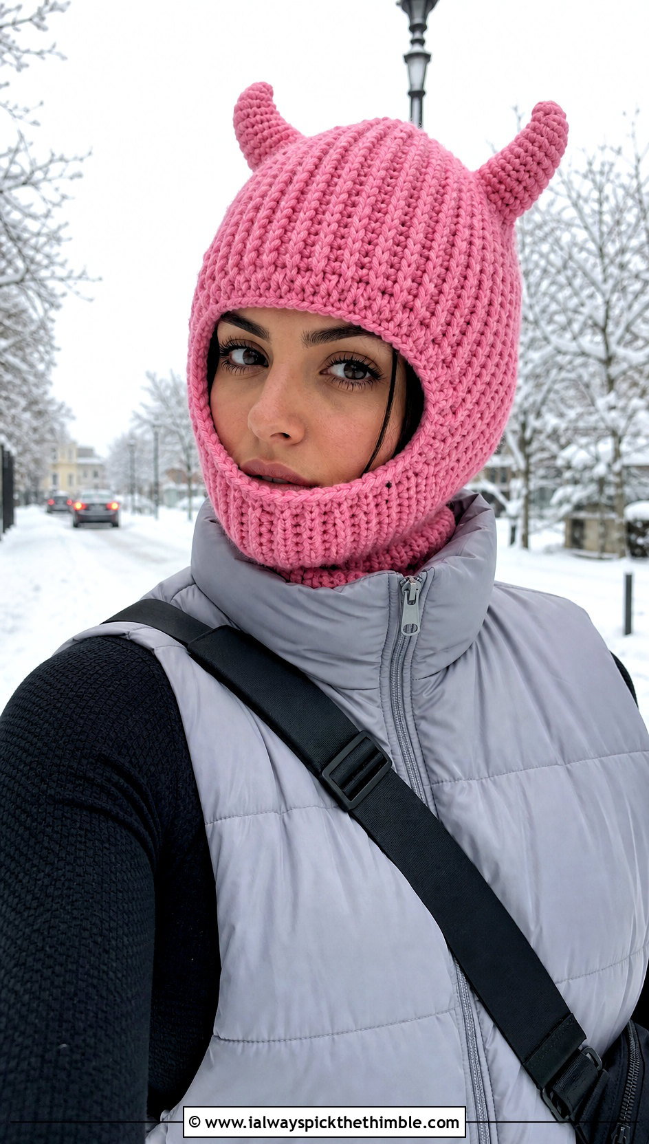 Horned Crochet Balaclava With Puffer Vest - 20 Weird Crochet Hat outfit ideas