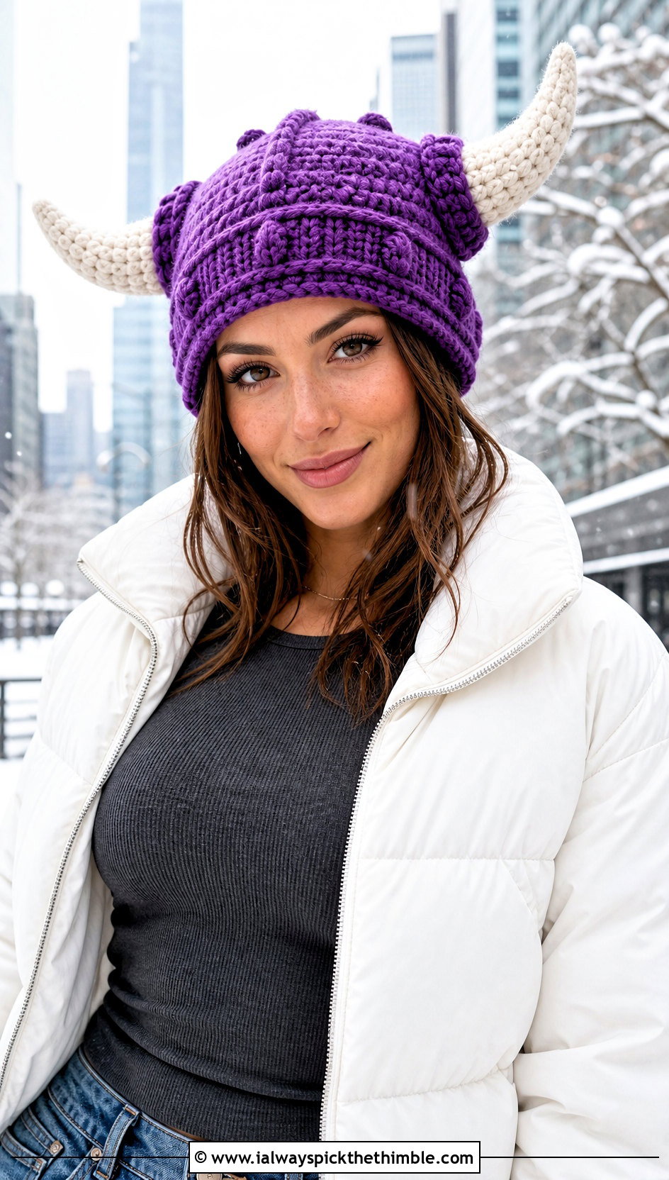 Horned Crochet Viking Hat With Puffer Jacket And Jeans - 25 crochet viking hat outfit ideas
