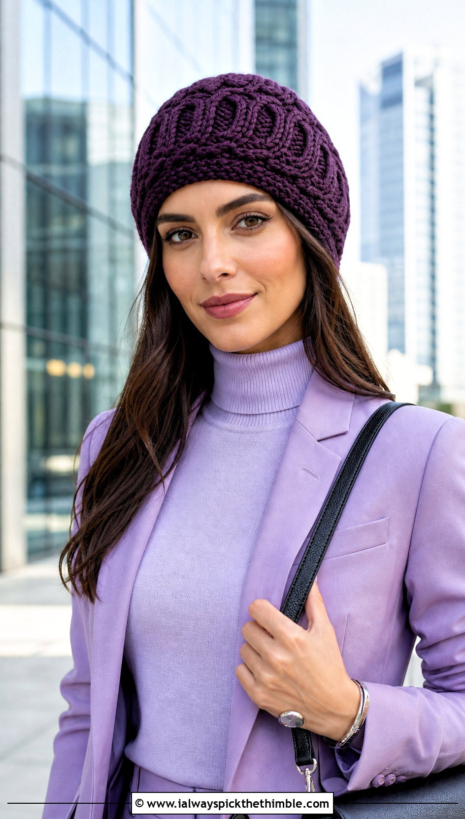 Horseshoe Cable Stitch Beanie With Monochrome Suit - 20 Crochet Cable Stitch Beanie outfit ideas