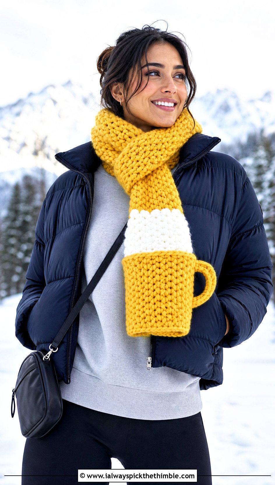 Hot Cocoa Mug Roll Up Scarf With Puffer Jacket And Leggings - 20 Crochet Roll Up Scarf outfit ideas