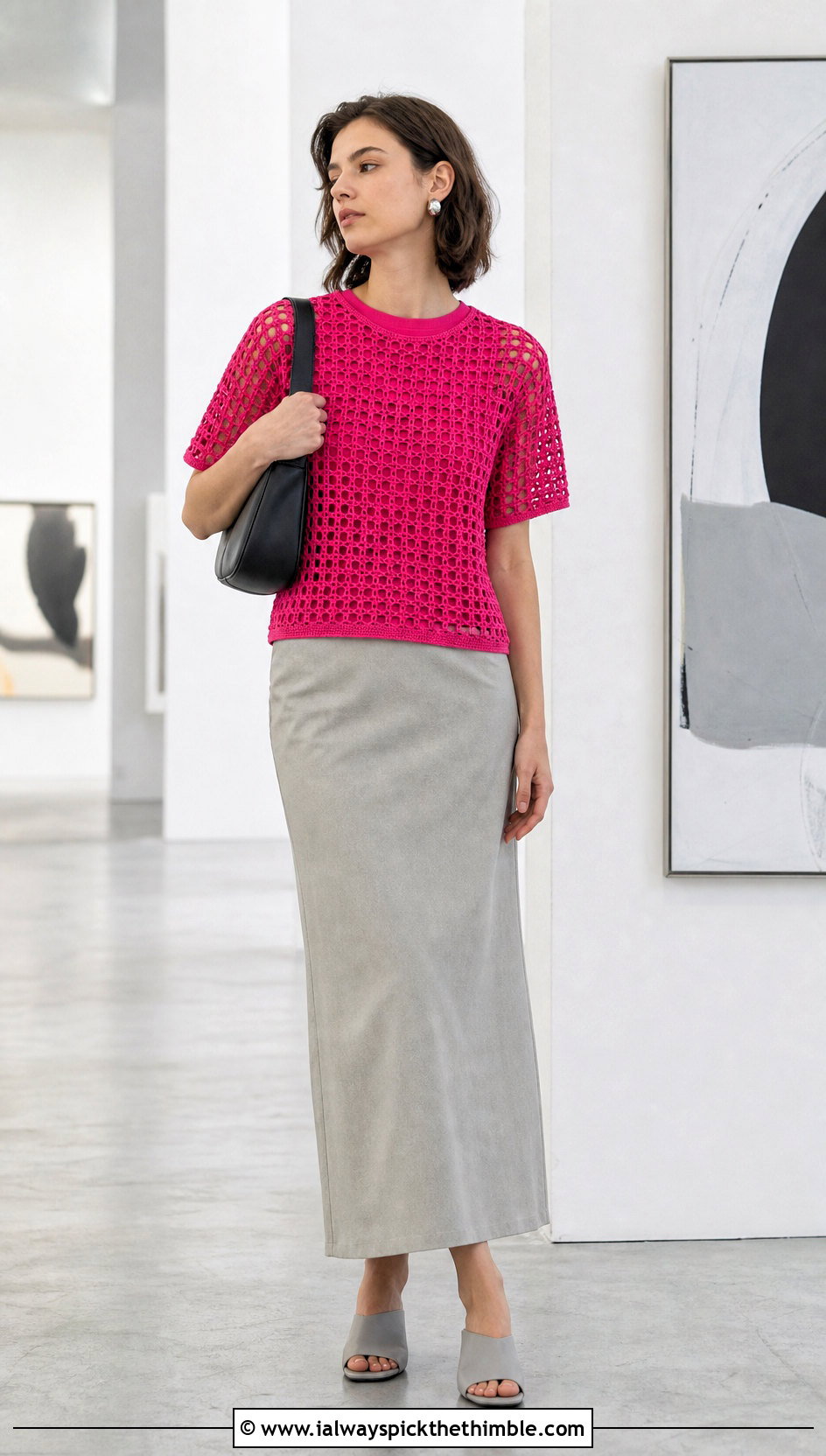 Hot Pink Boxy Crochet T Shirt With Column Skirt - 20 hot pink crochet top outfit ideas