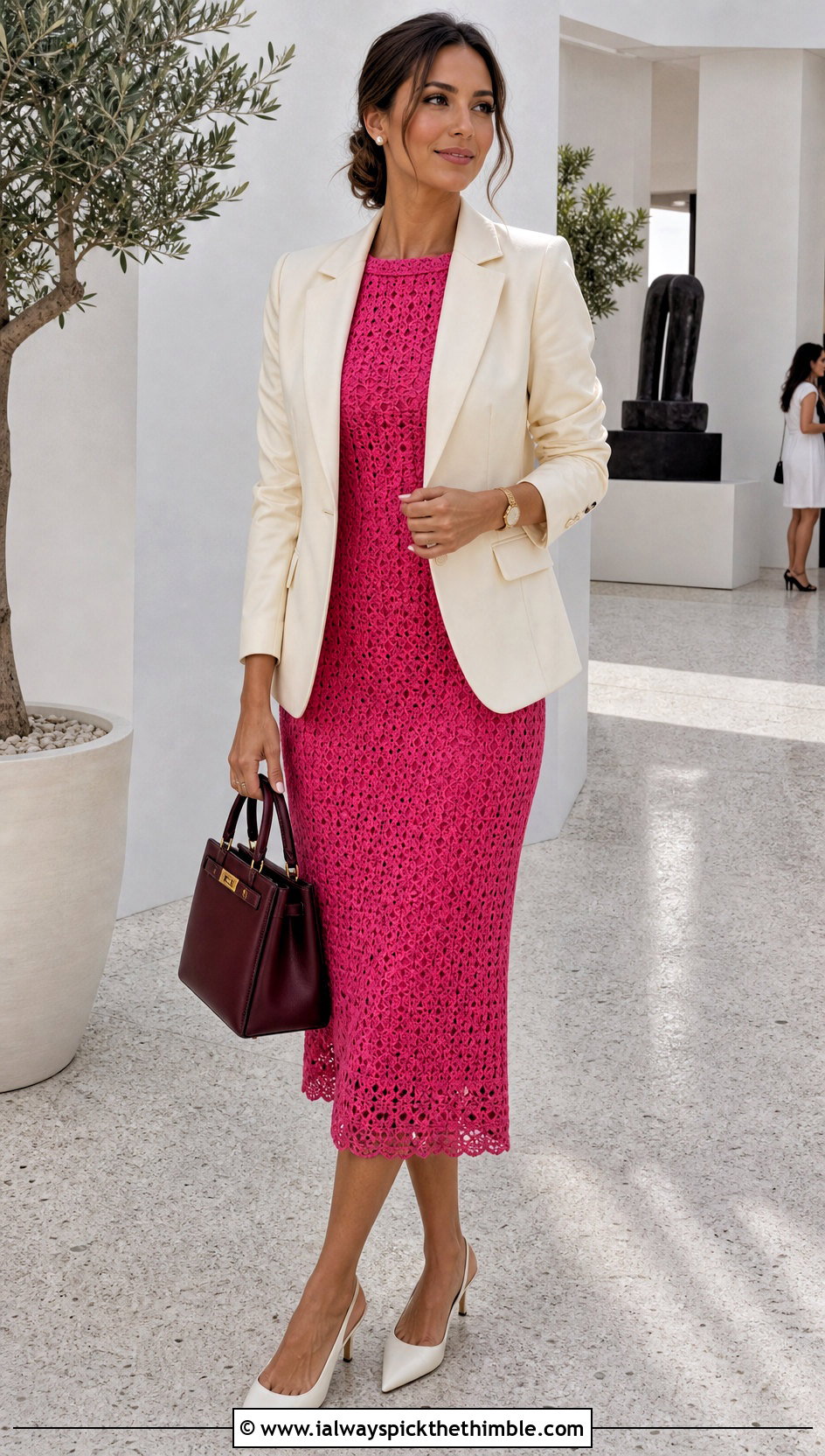 Hot Pink Crochet Boat Neck Midi Dress With Cream Blazer And Slingbacks - 20 hot pink crochet dress outfit ideas